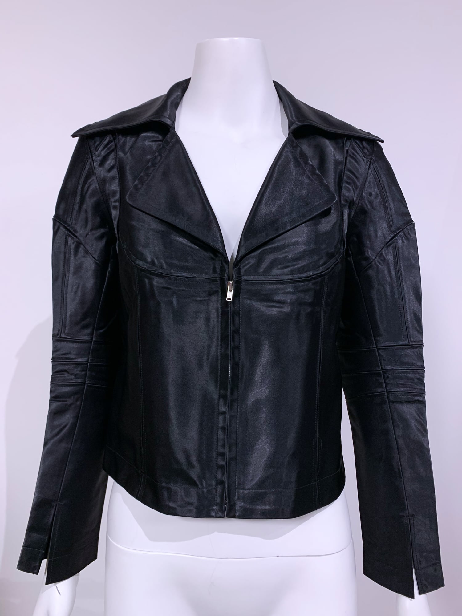Junya Watanabe winter 1995 cropped glossy black nylon panelled biker jacket