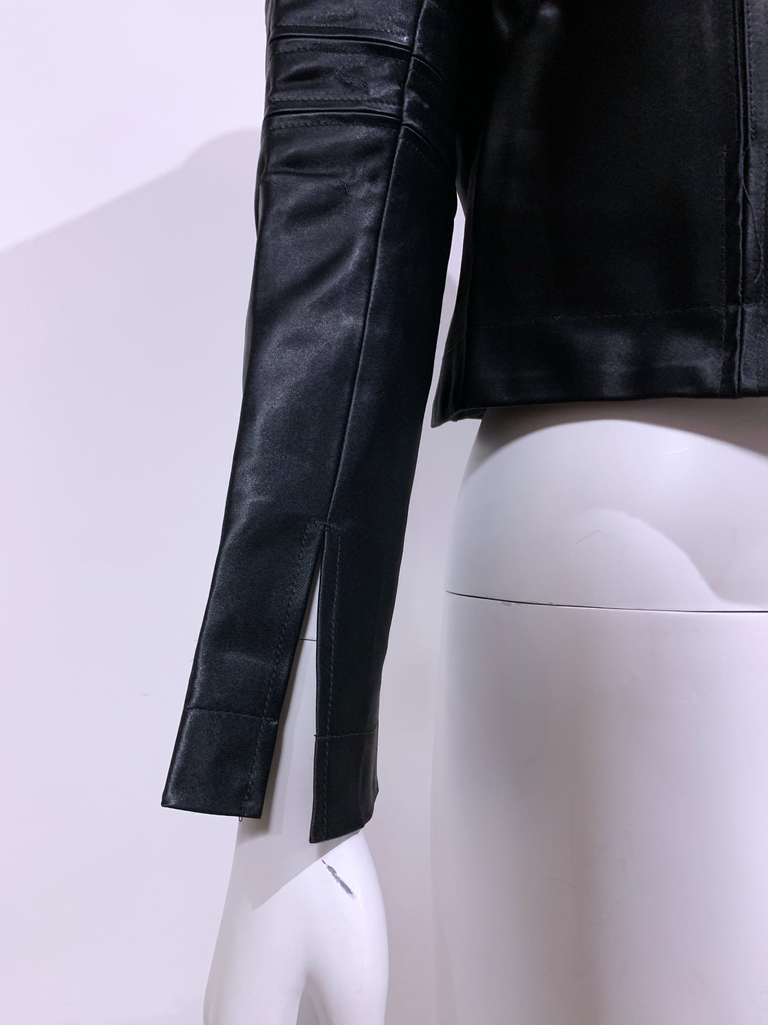 Junya Watanabe winter 1995 cropped glossy black nylon panelled biker jacket