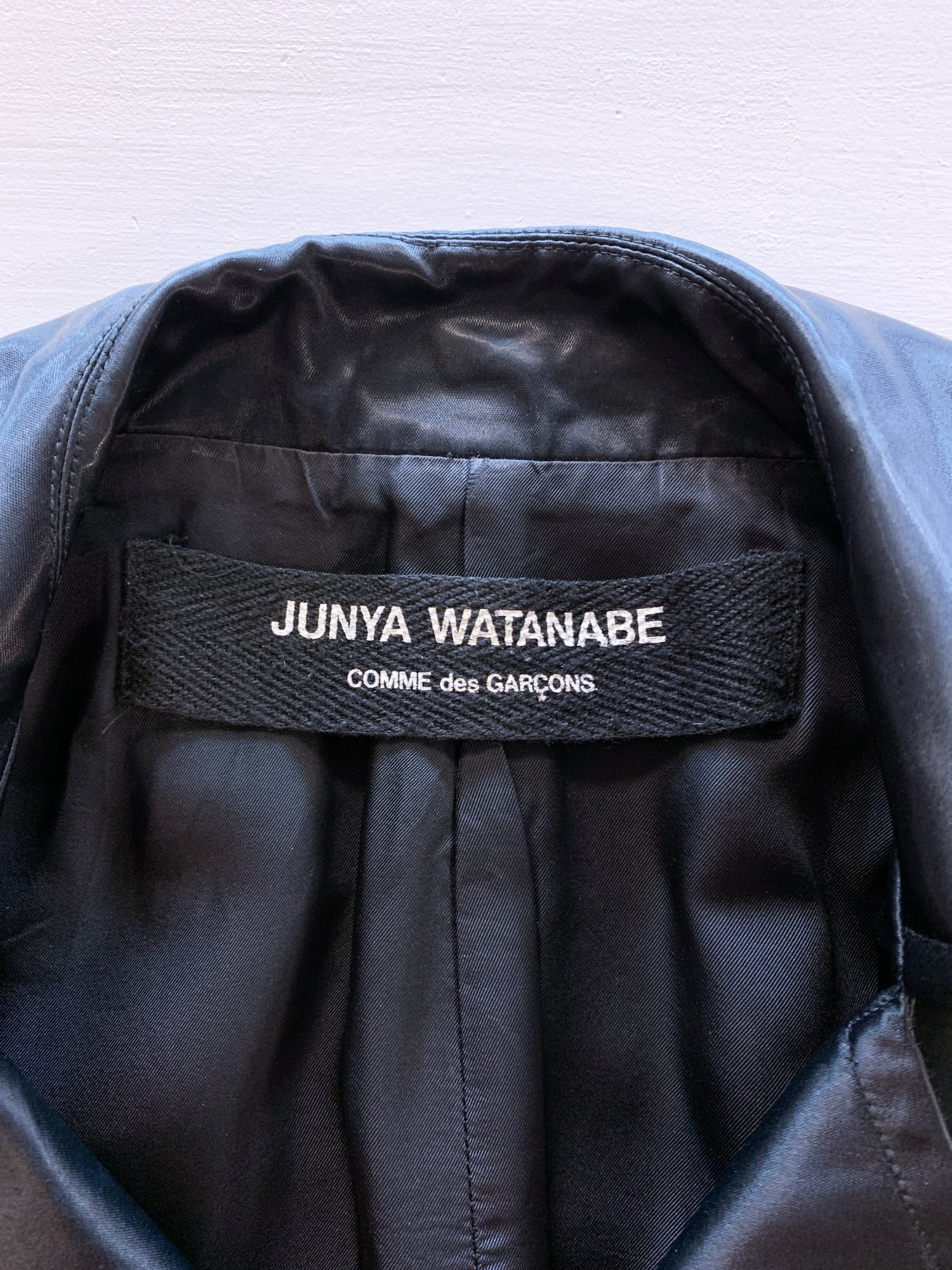 Junya Watanabe winter 1995 cropped glossy black nylon panelled biker jacket