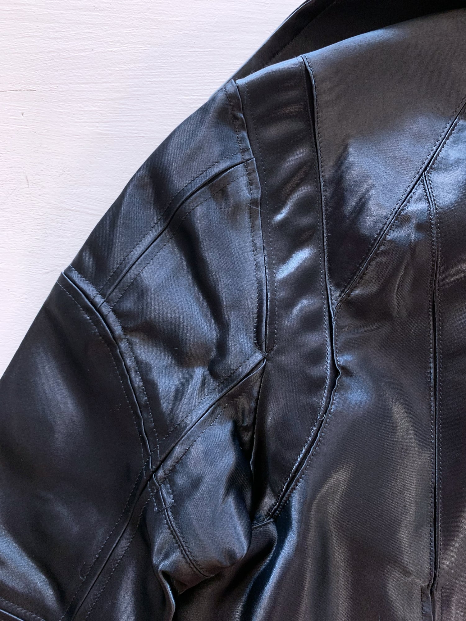 Junya Watanabe winter 1995 cropped glossy black nylon panelled biker jacket