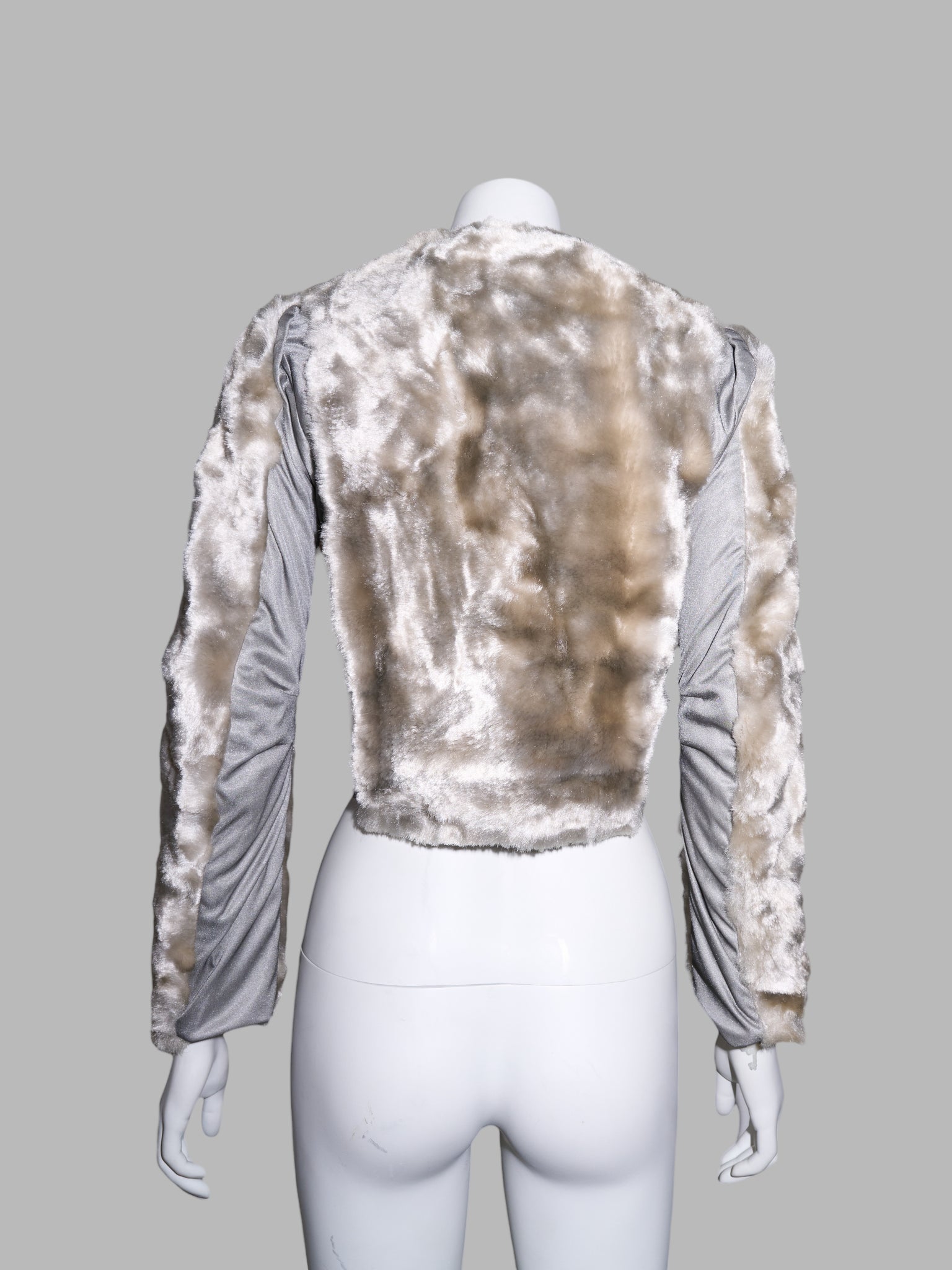 Junya Watanabe winter 1995 cropped silver faux fur jacket with knit fabric panels