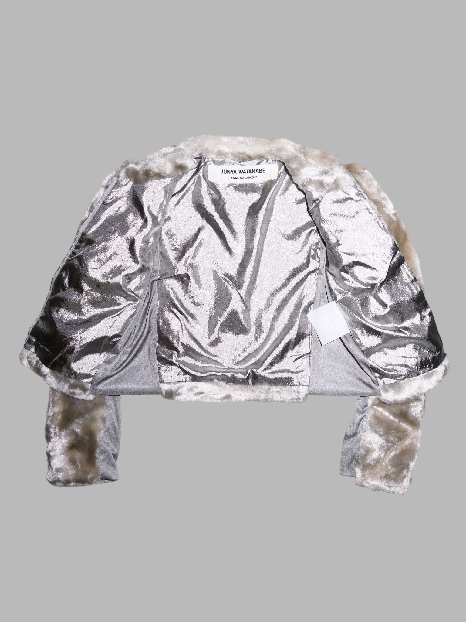 Junya Watanabe winter 1995 cropped silver faux fur jacket with knit fabric panels