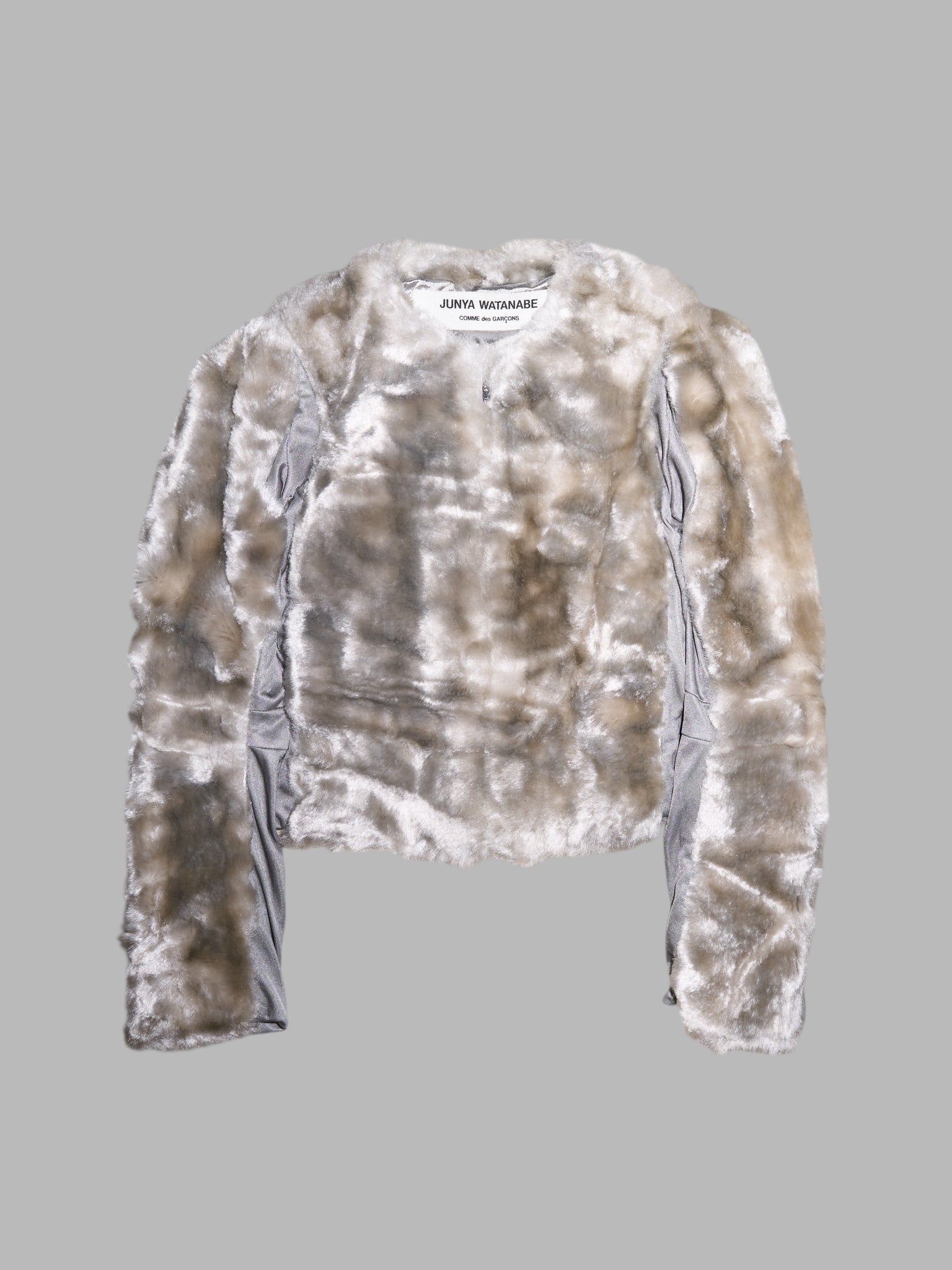 Junya Watanabe winter 1995 cropped silver faux fur jacket with knit fabric panels
