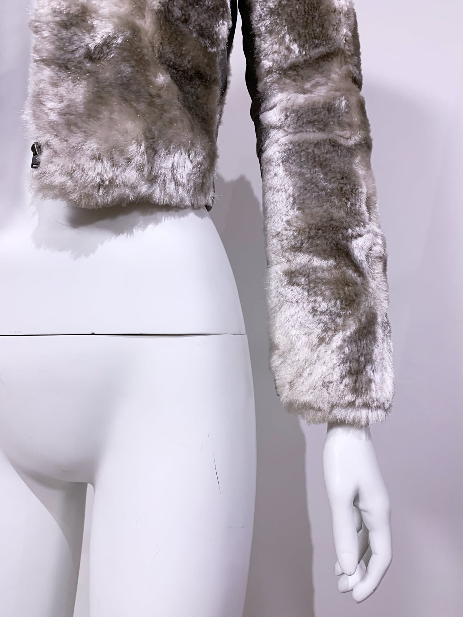 Junya Watanabe winter 1995 cropped silver faux fur jacket with knit fabric panels