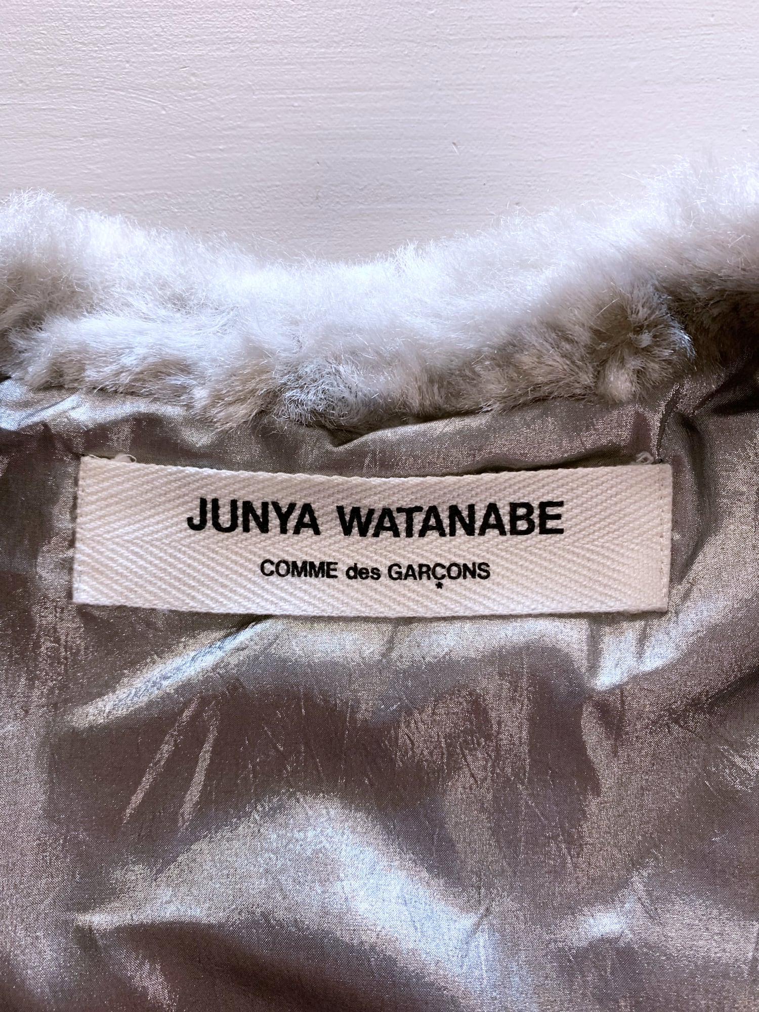 Junya Watanabe winter 1995 cropped silver faux fur jacket with knit fabric panels