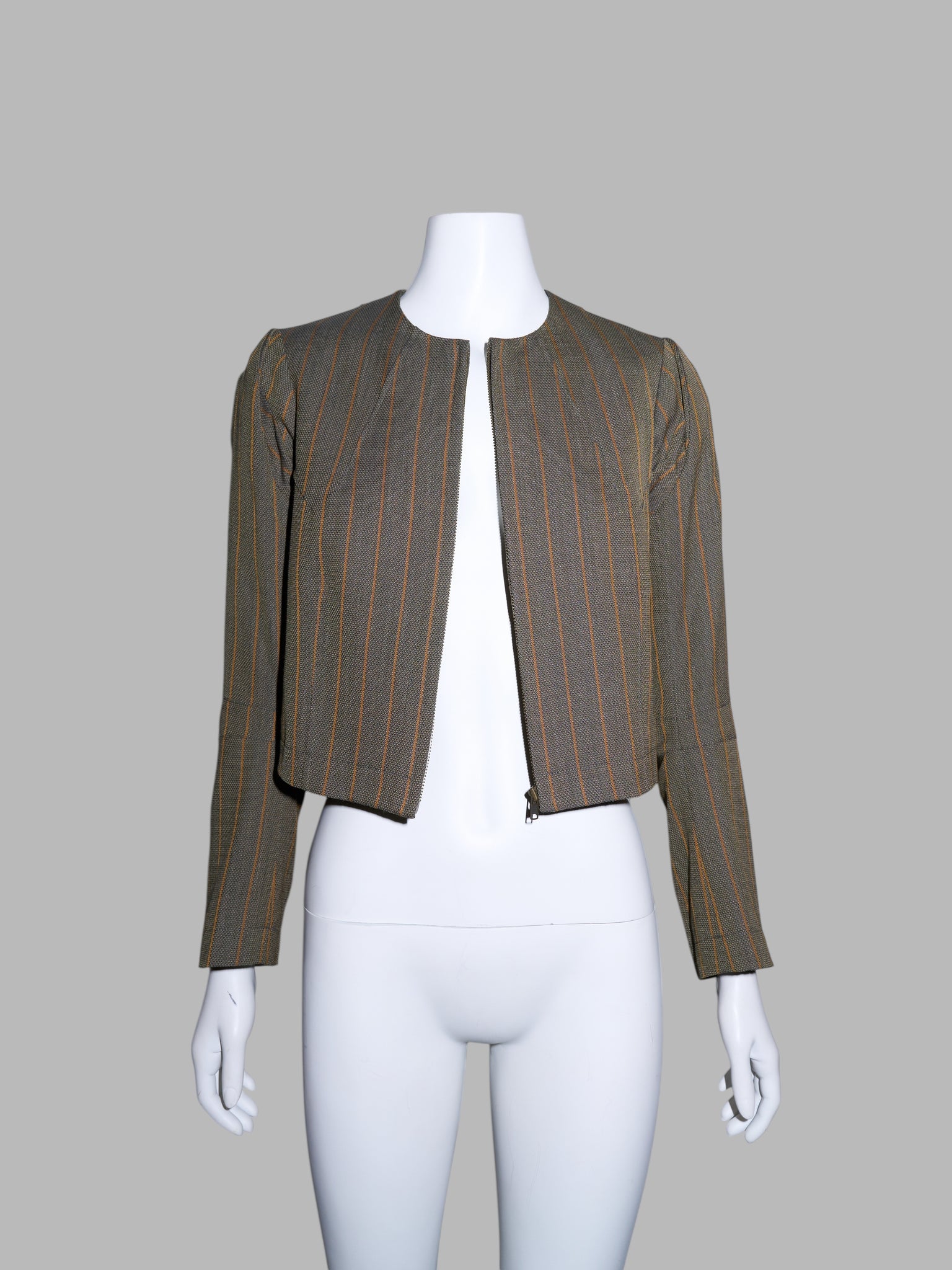 Junya Watanabe winter 1995 khaki wool stripe three dimensional collarless jacket