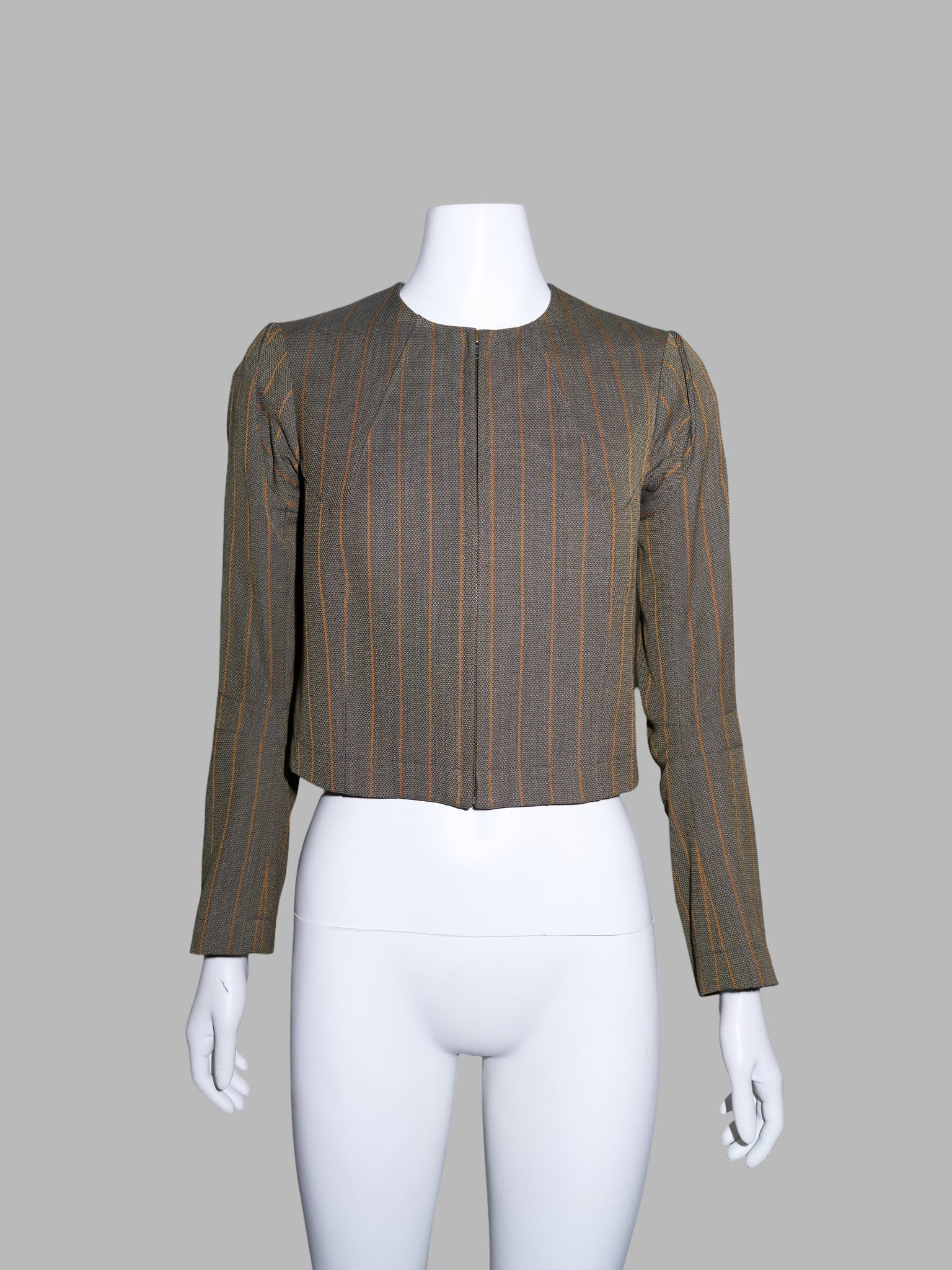 Junya Watanabe winter 1995 khaki wool stripe three dimensional collarless jacket