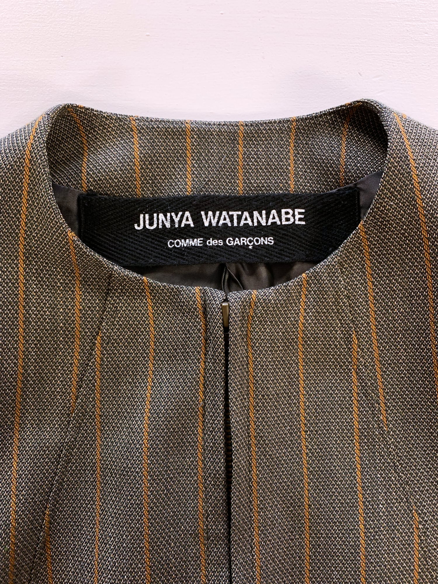 Junya Watanabe winter 1995 khaki wool stripe three dimensional collarless jacket
