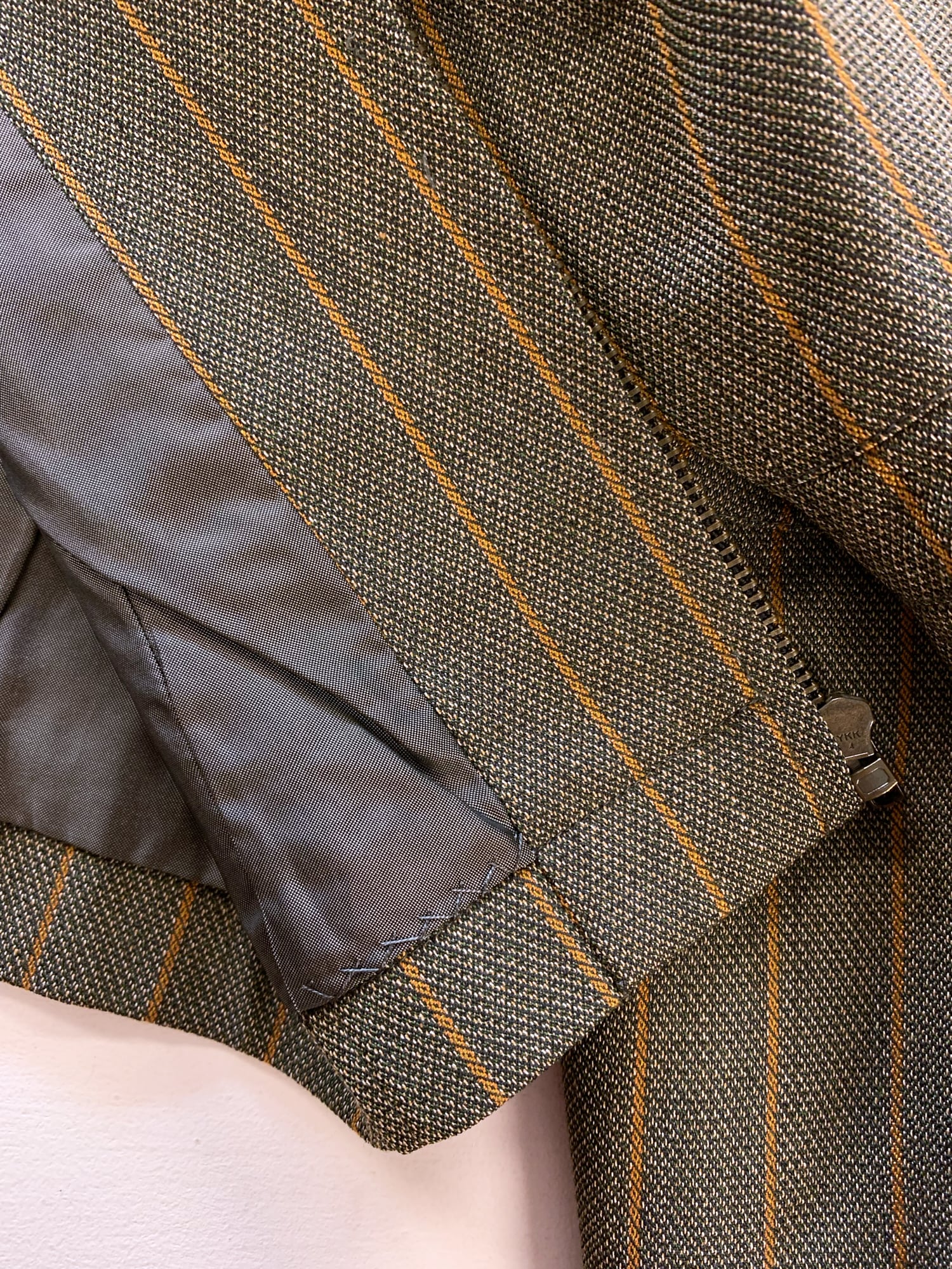 Junya Watanabe winter 1995 khaki wool stripe three dimensional collarless jacket