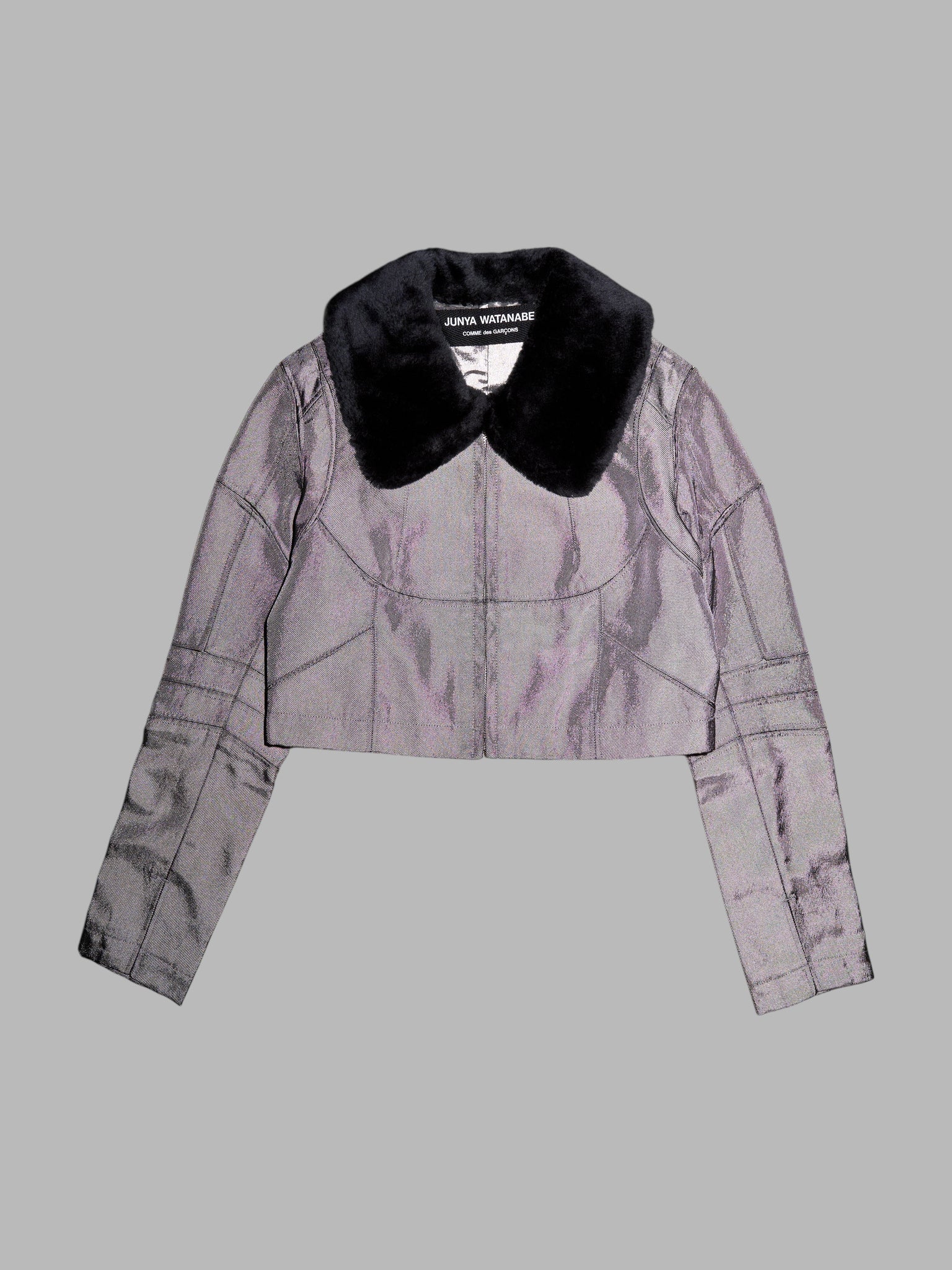 Junya Watanabe winter 1995 cropped silver panelled jacket with faux fur collar