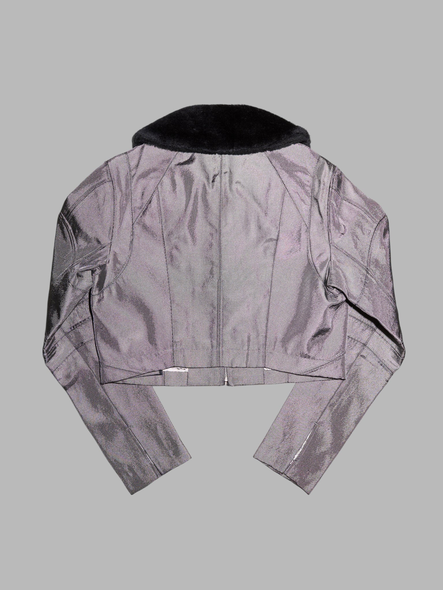 Junya Watanabe winter 1995 cropped silver panelled jacket with faux fur collar