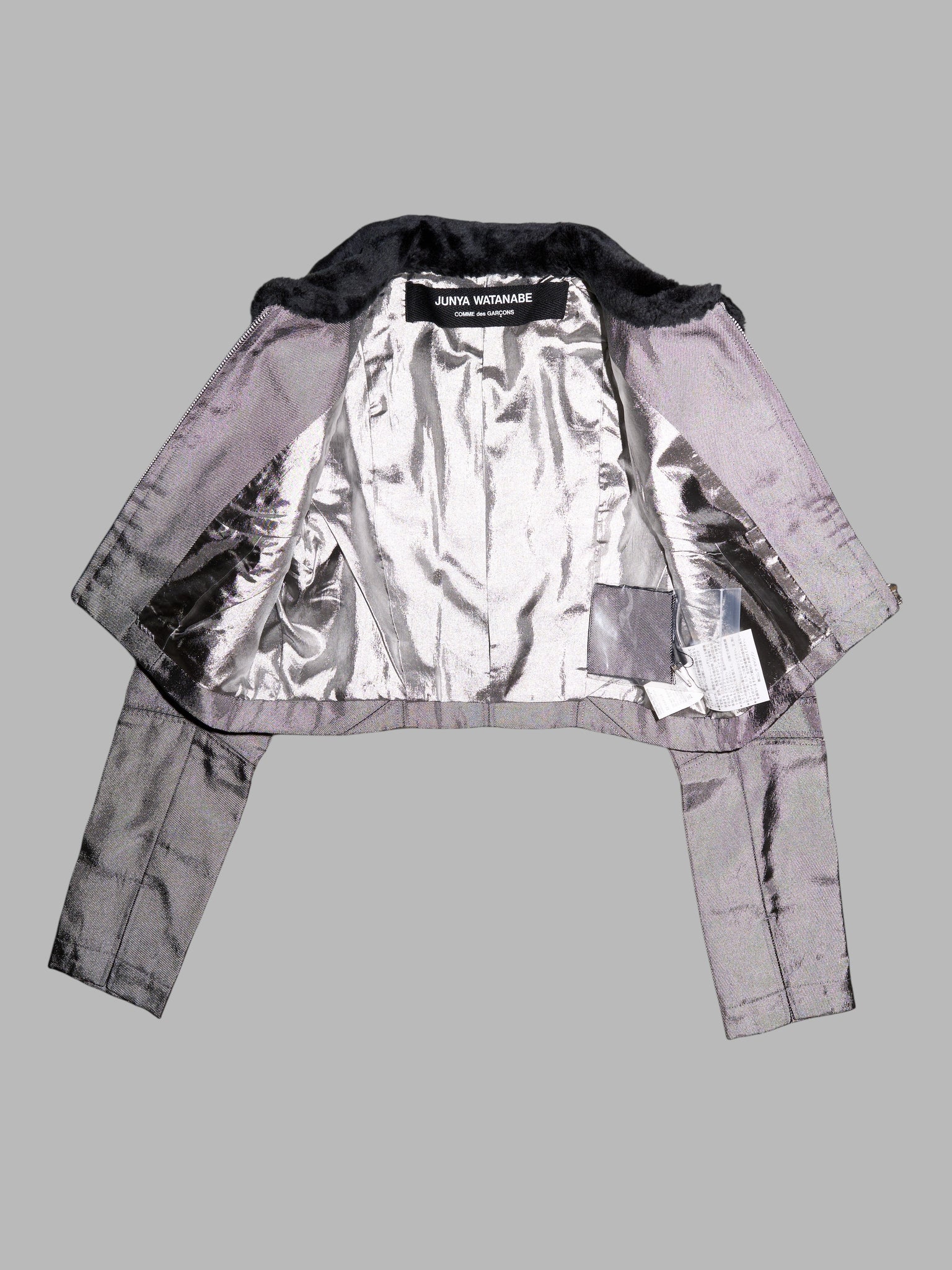 Junya Watanabe winter 1995 cropped silver panelled jacket with faux fur collar