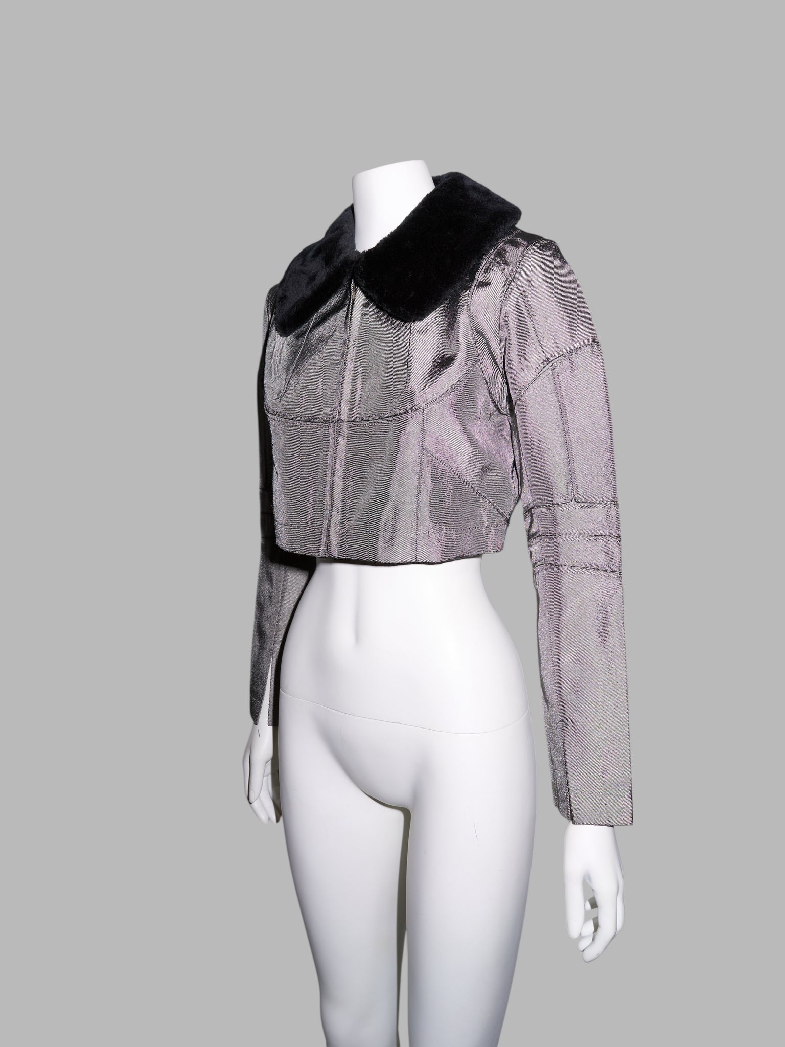 Junya Watanabe winter 1995 cropped silver panelled jacket with faux fur collar