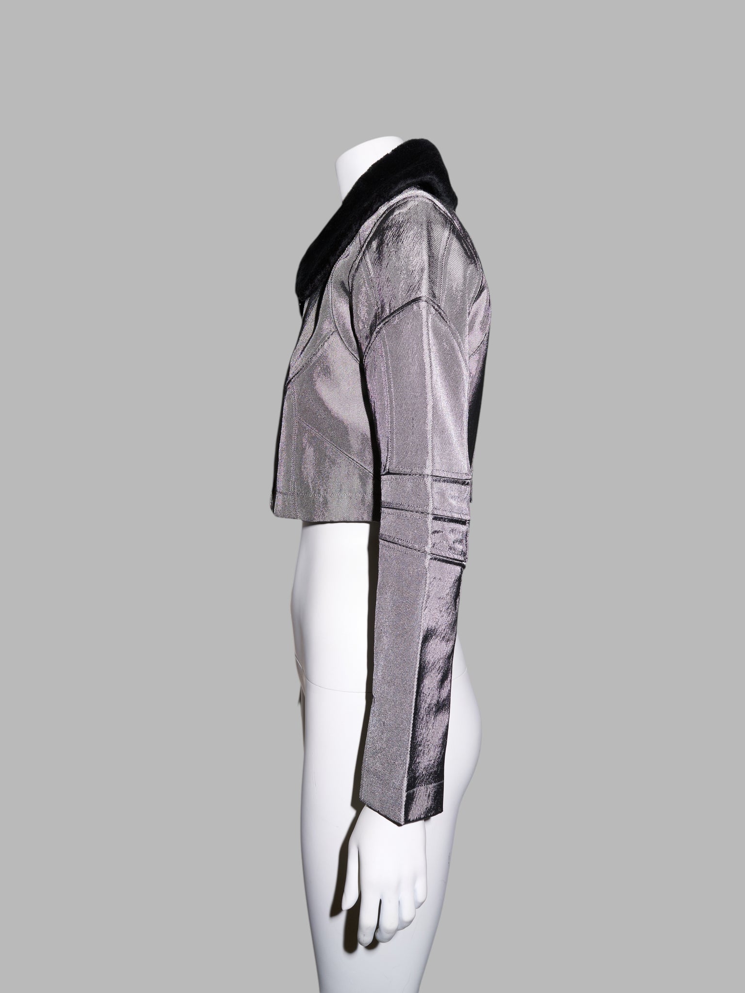 Junya Watanabe winter 1995 cropped silver panelled jacket with faux fur collar