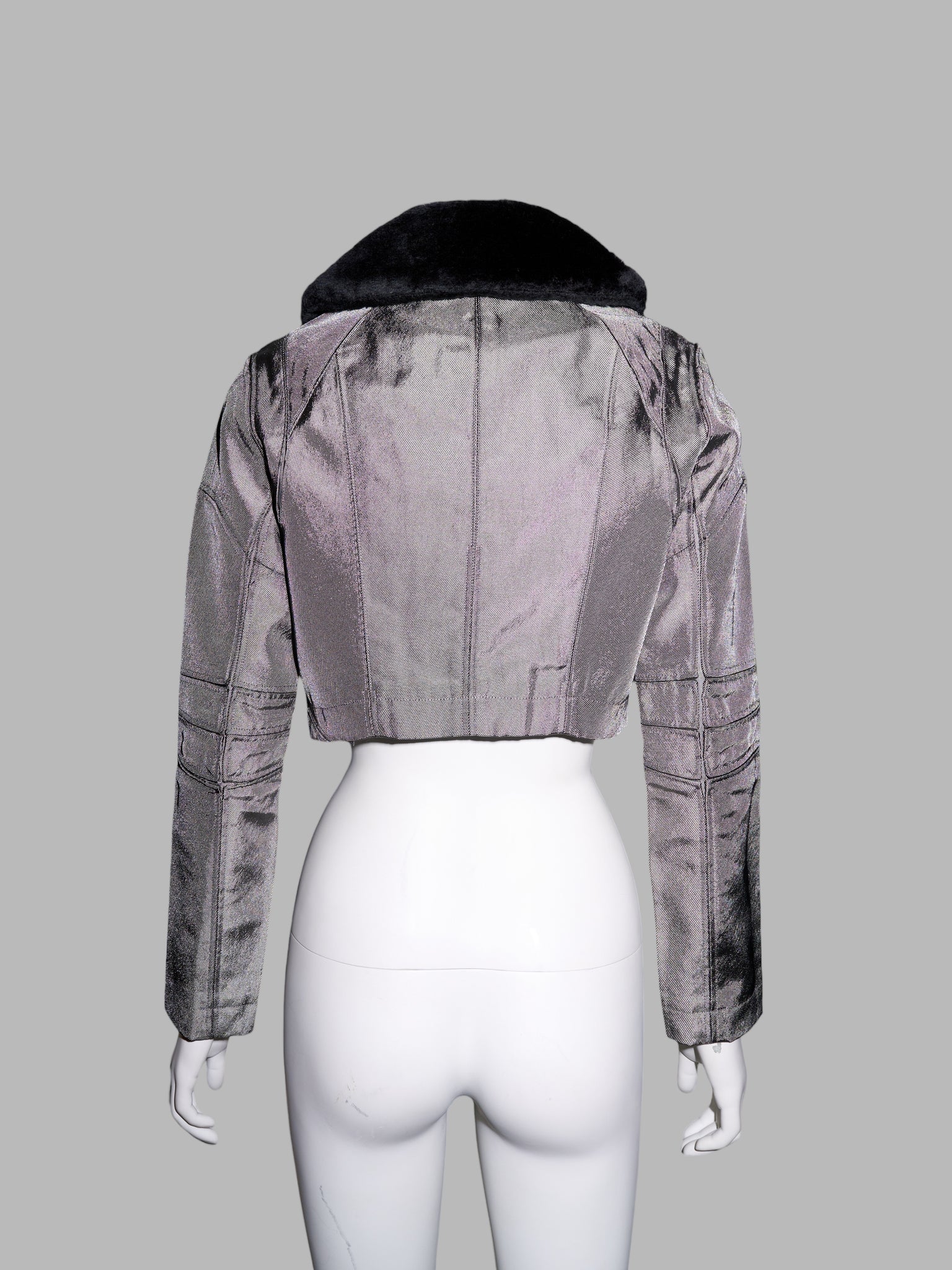 Junya Watanabe winter 1995 cropped silver panelled jacket with faux fur collar