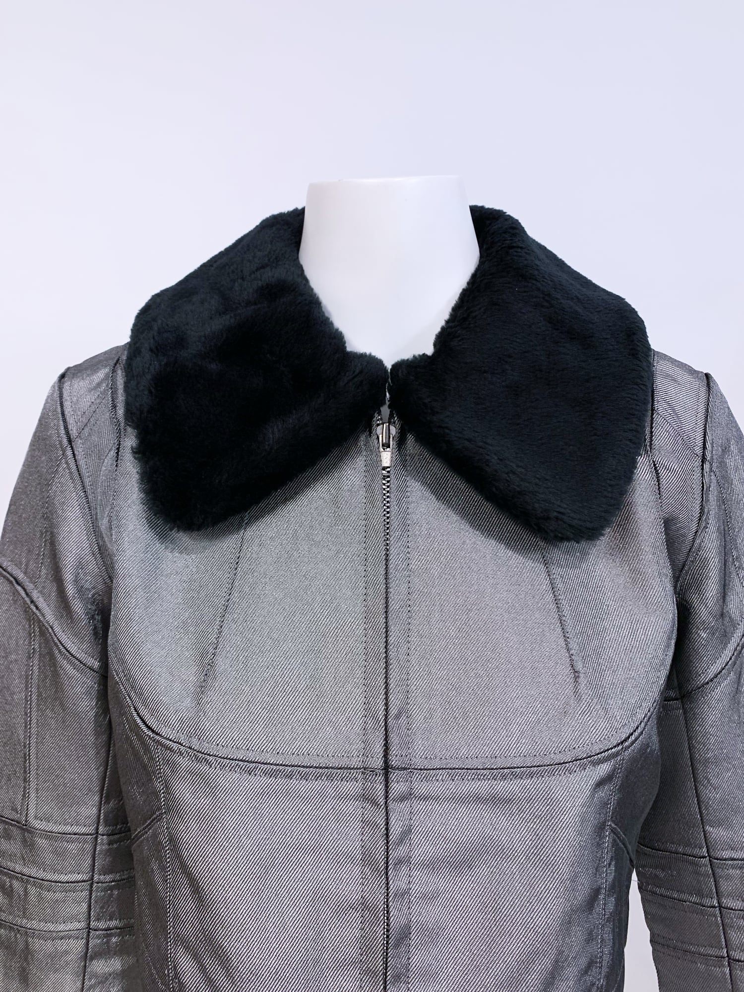 Junya Watanabe winter 1995 cropped silver panelled jacket with faux fur collar