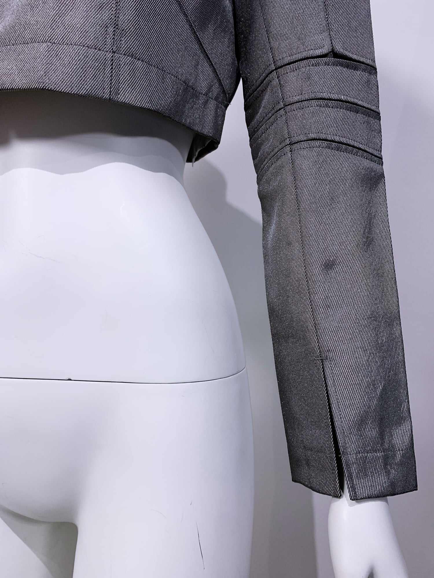 Junya Watanabe winter 1995 cropped silver panelled jacket with faux fur collar