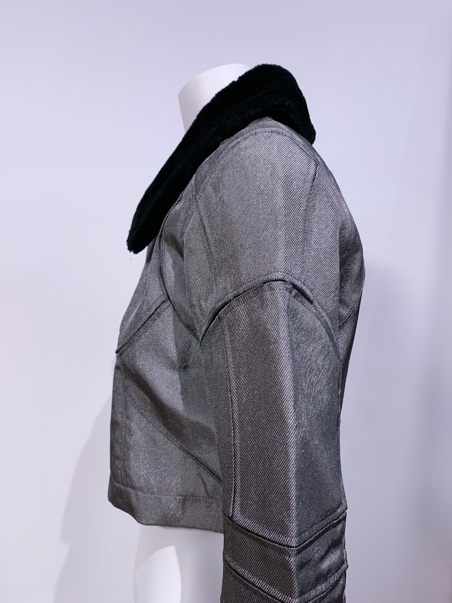 Junya Watanabe winter 1995 cropped silver panelled jacket with faux fur collar