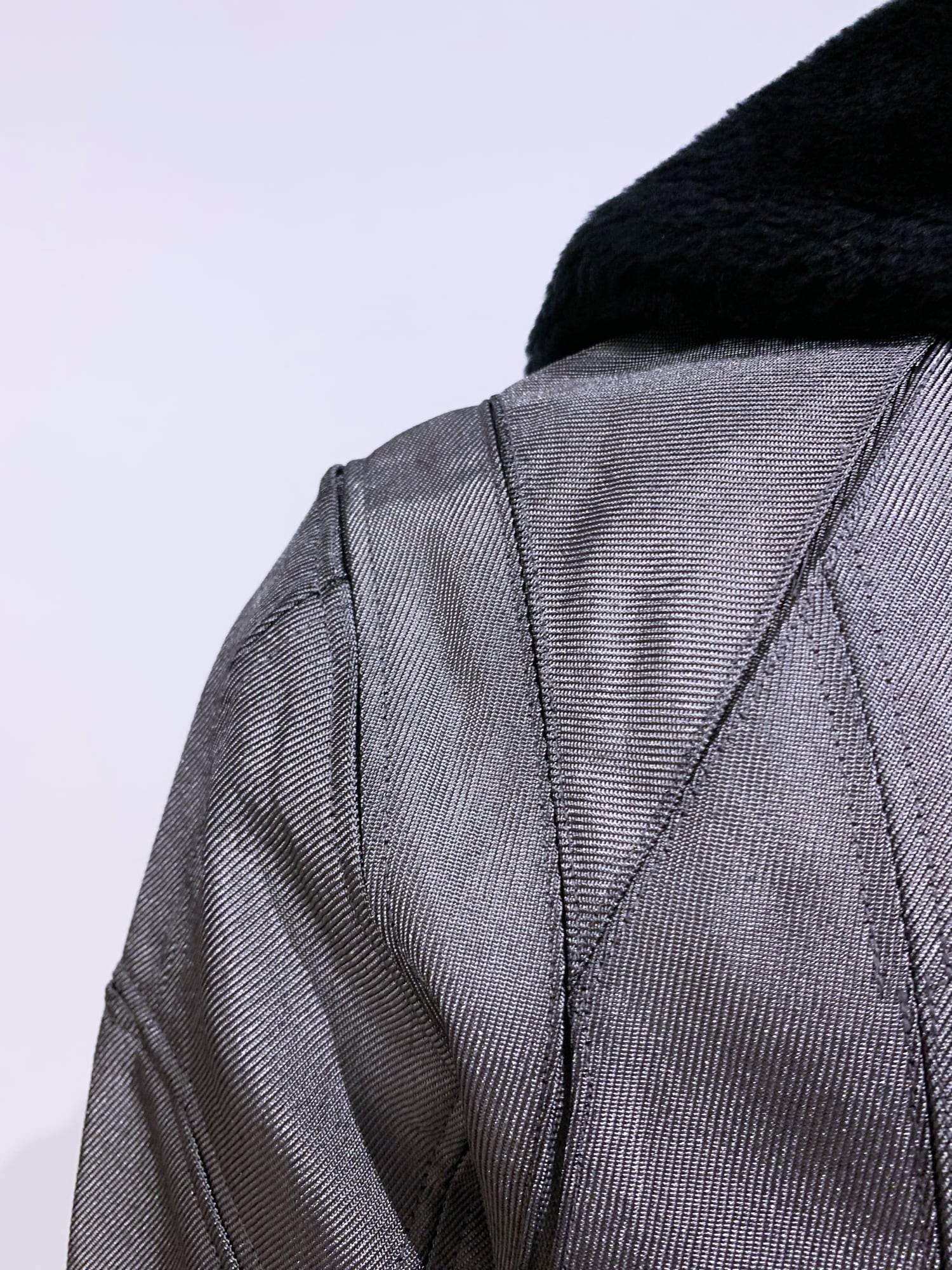 Junya Watanabe winter 1995 cropped silver panelled jacket with faux fur collar