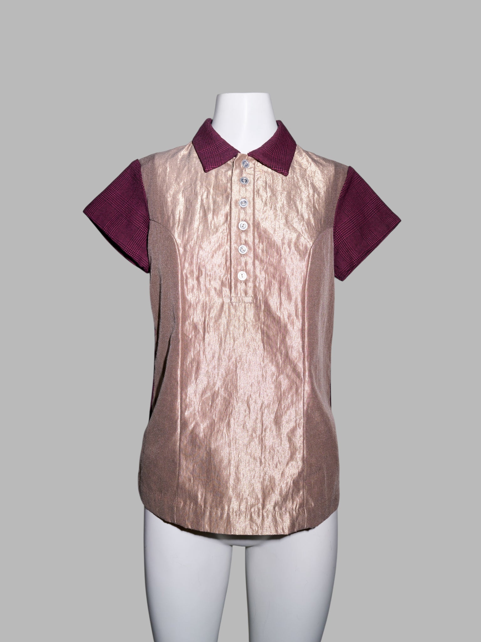 Junya Watanabe winter 1995 gold polo shirt with burgundy glen plaid back
