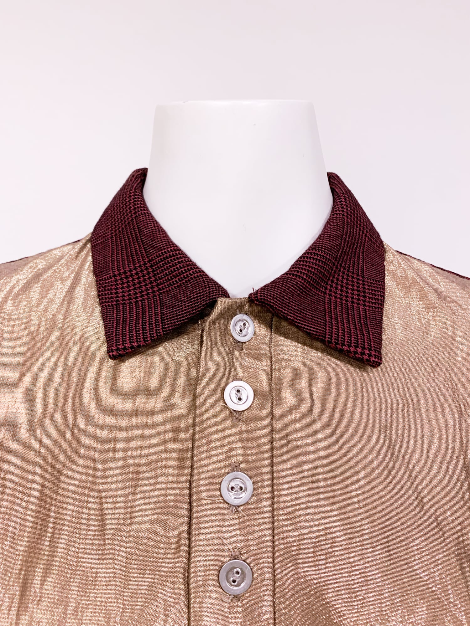 Junya Watanabe winter 1995 gold polo shirt with burgundy glen plaid back