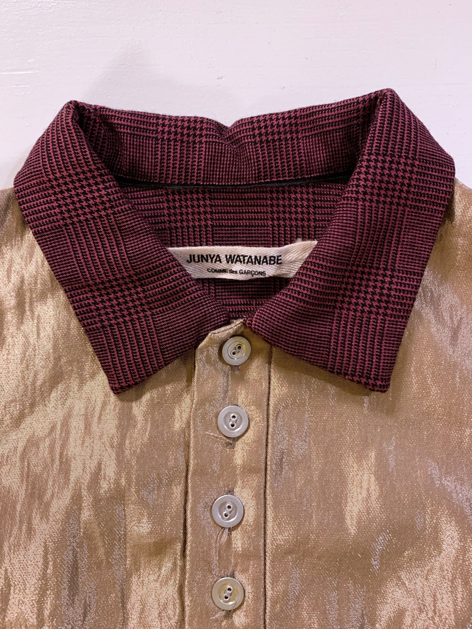 Junya Watanabe winter 1995 gold polo shirt with burgundy glen plaid back