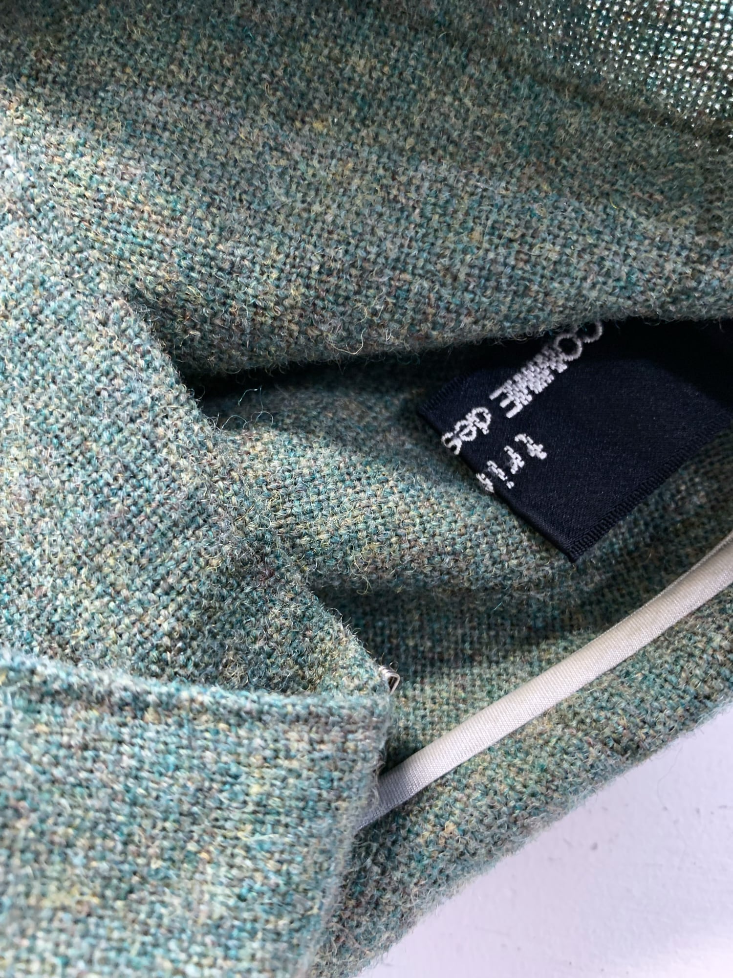 Tricot Comme des Garcons winter 1995 green wool mini dress with silver panel