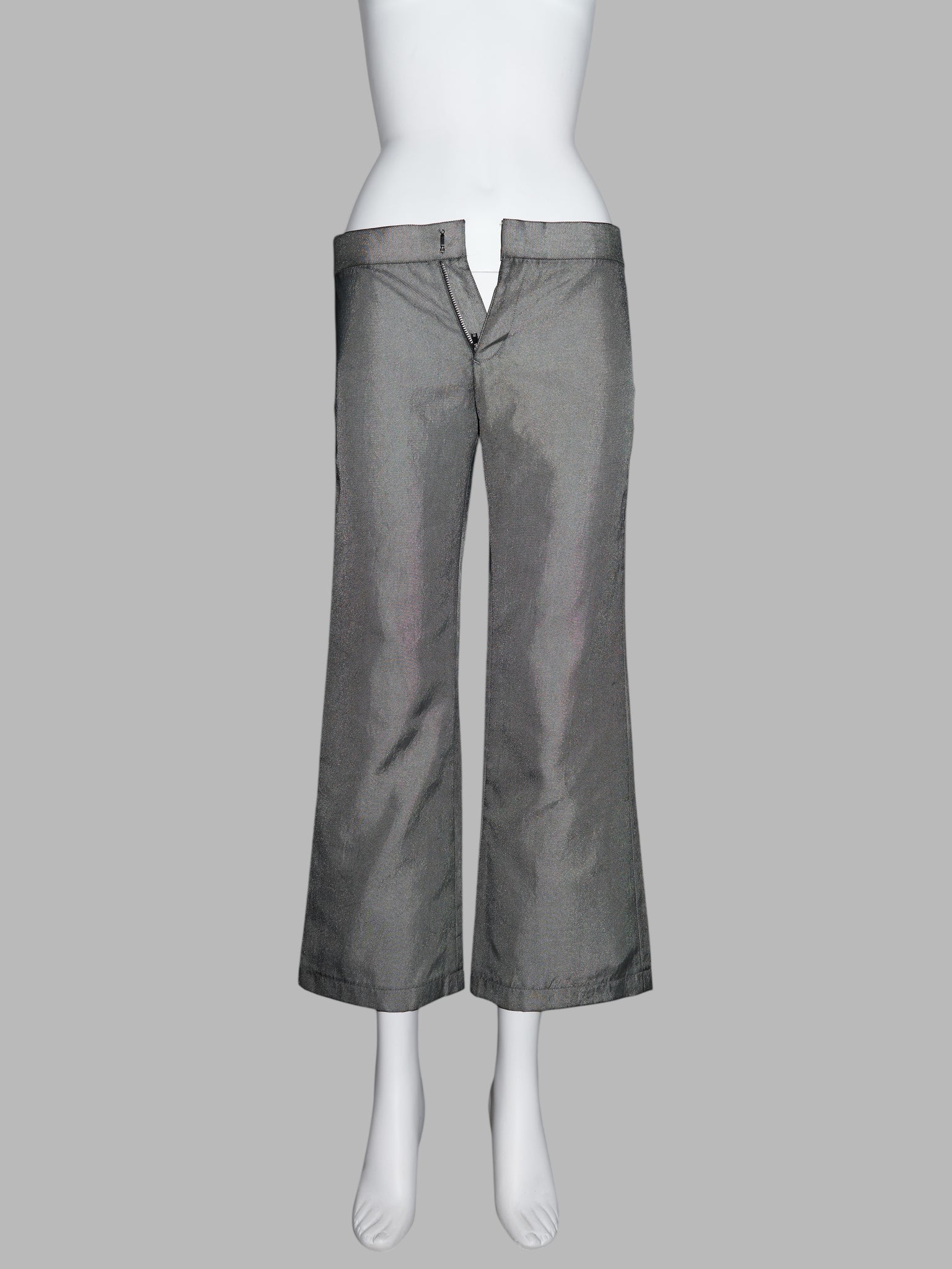 Junya Watanabe winter 1995 cropped silver nylon low rise flared trousers