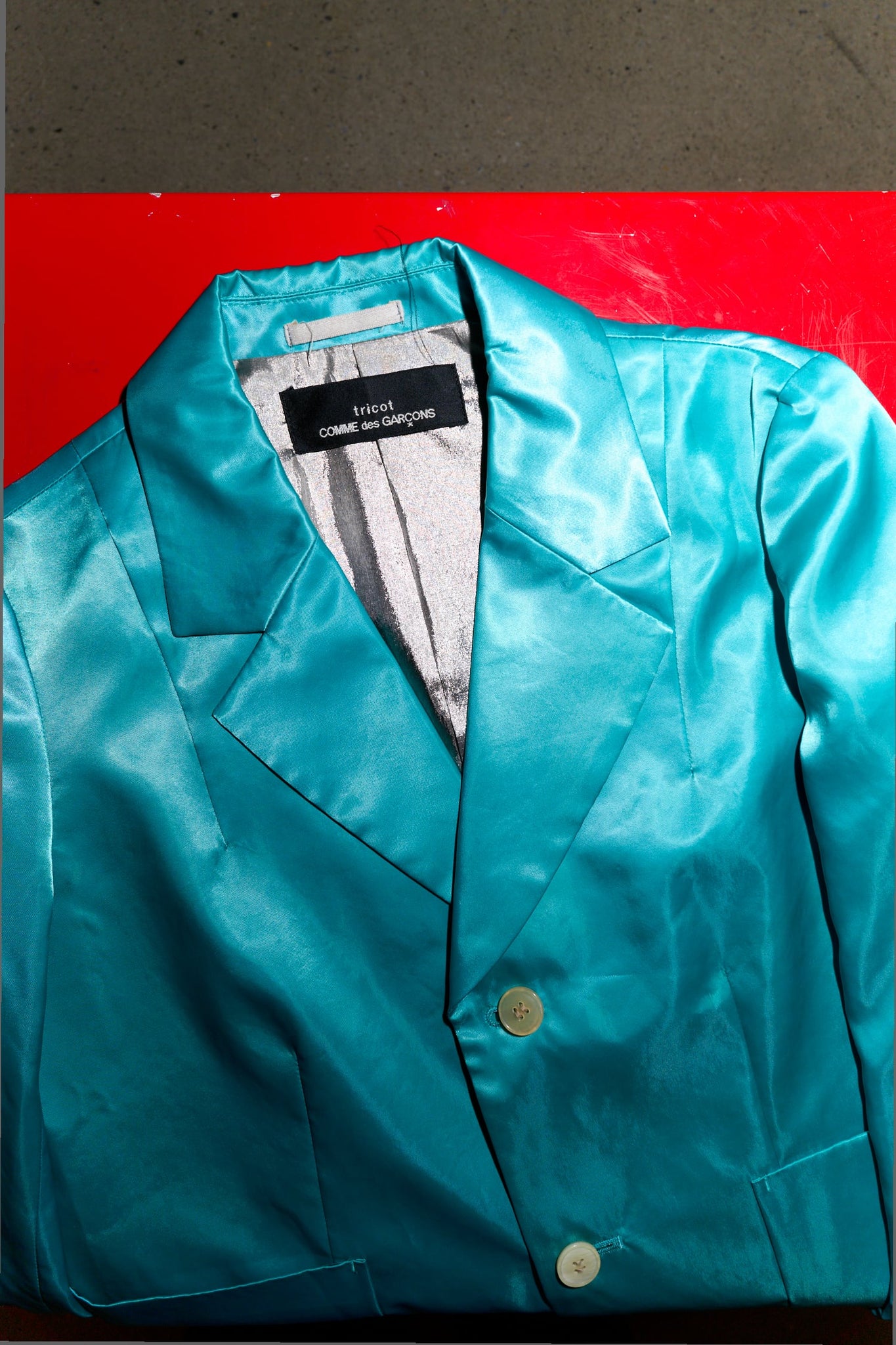 Tricot Comme des Garcons Junya Watanabe winter 1995 teal satin two button blazer