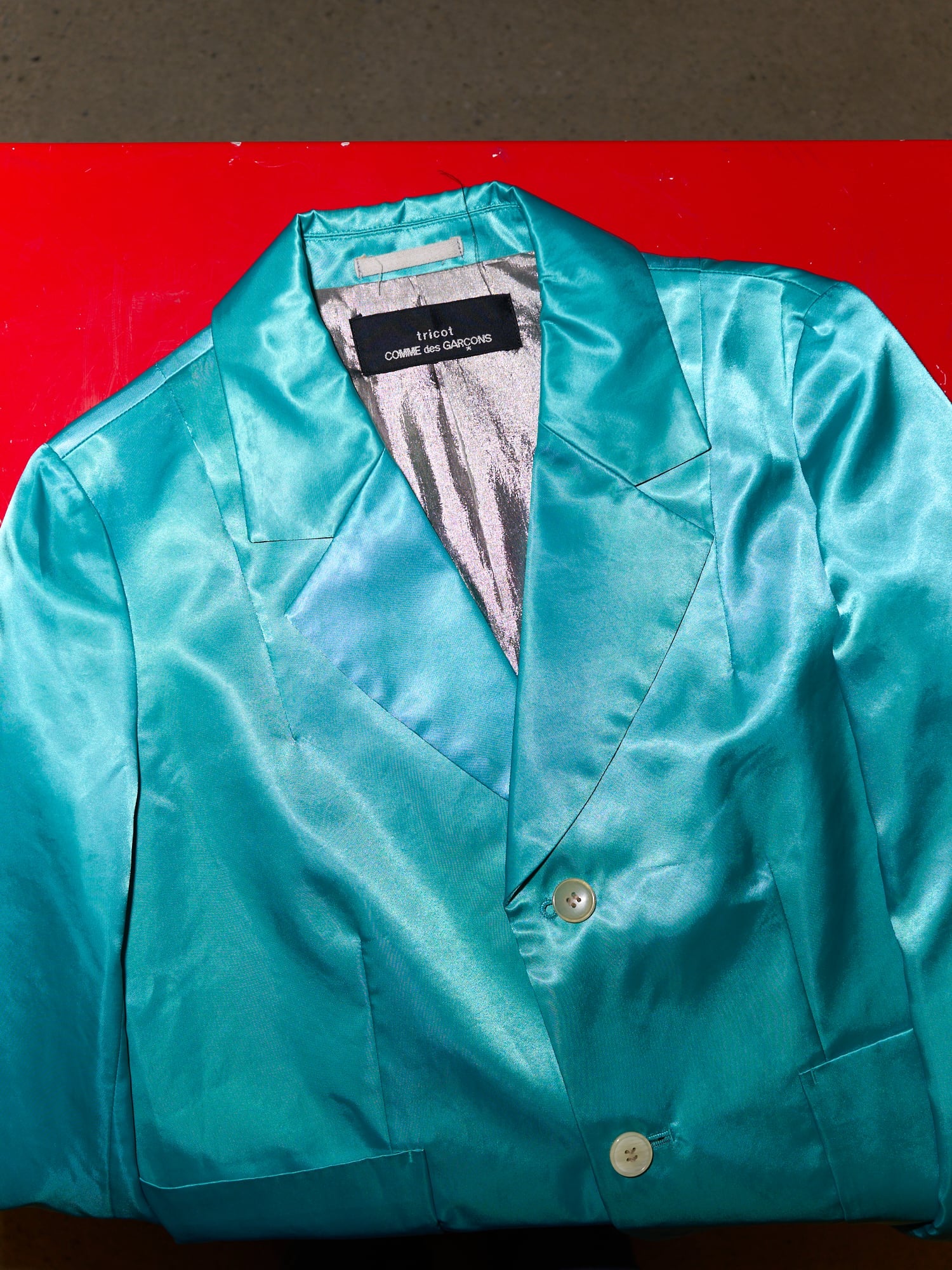 Tricot Comme des Garcons Junya Watanabe winter 1995 teal satin two button blazer