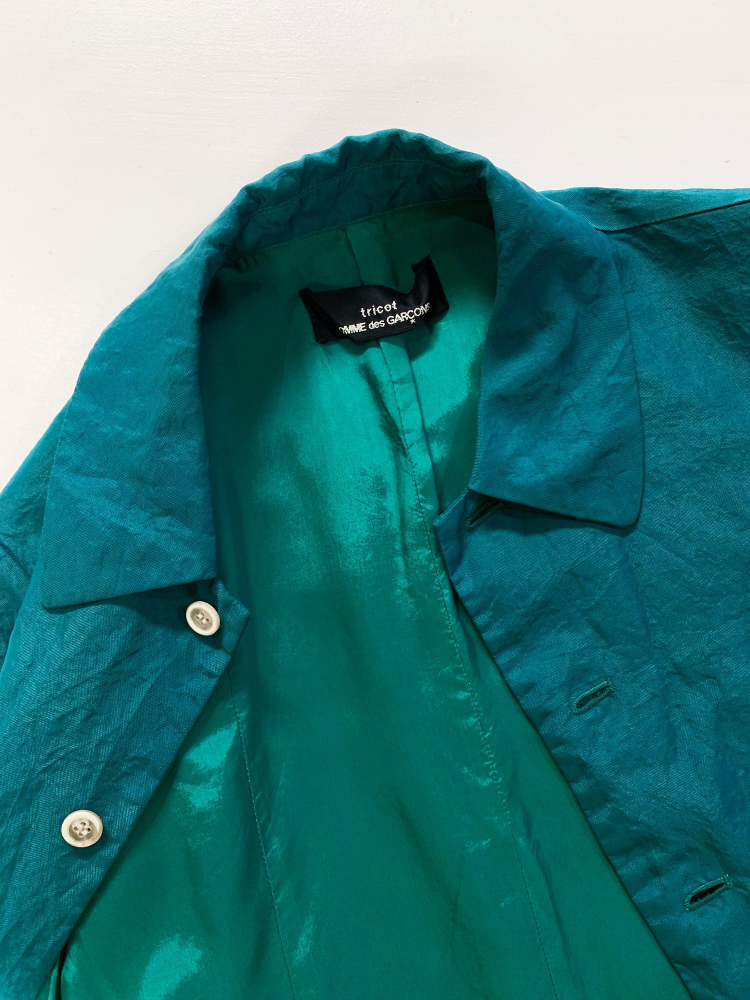 tricot Comme des Garçons 1996 coat Tricot Comme des Garcons SS1996 teal green creased nylon