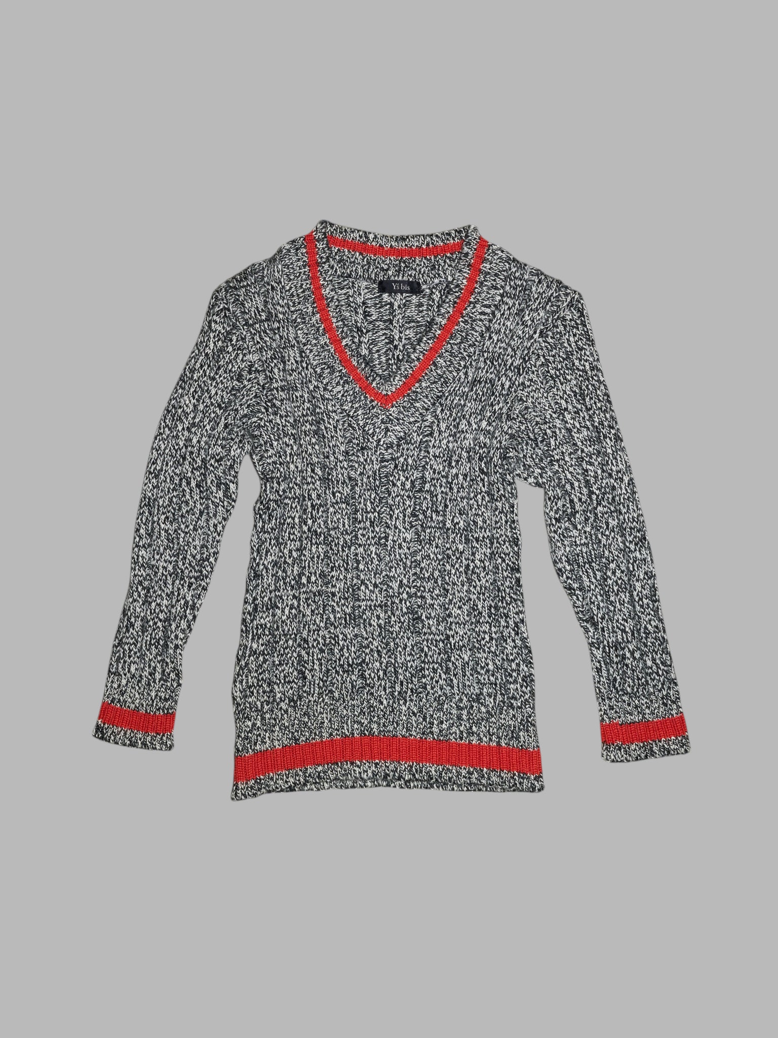 Y’s bis Yohji Yamamoto black white heathered wool rib red accent v-neck jumper