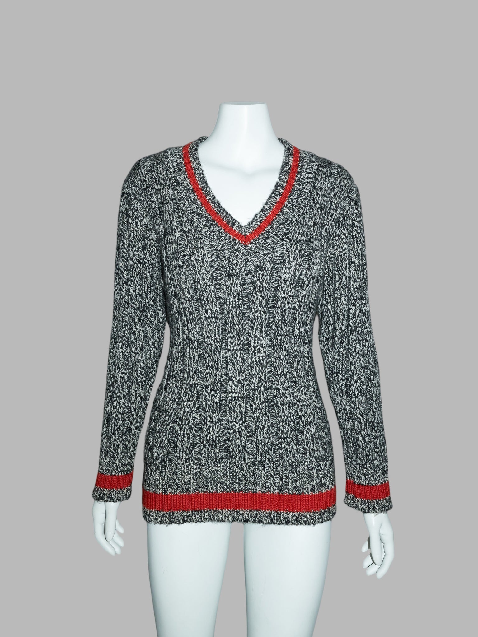Y’s bis Yohji Yamamoto black white heathered wool rib red accent v-neck jumper