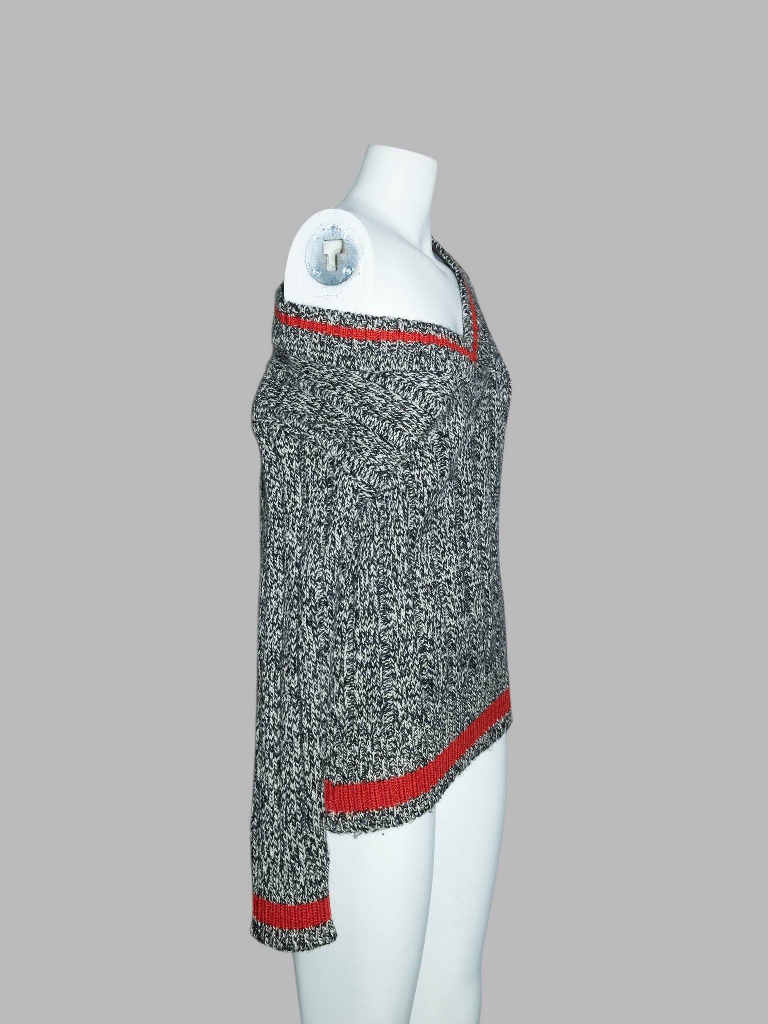 Y’s bis Yohji Yamamoto black white heathered wool rib red accent v-neck jumper