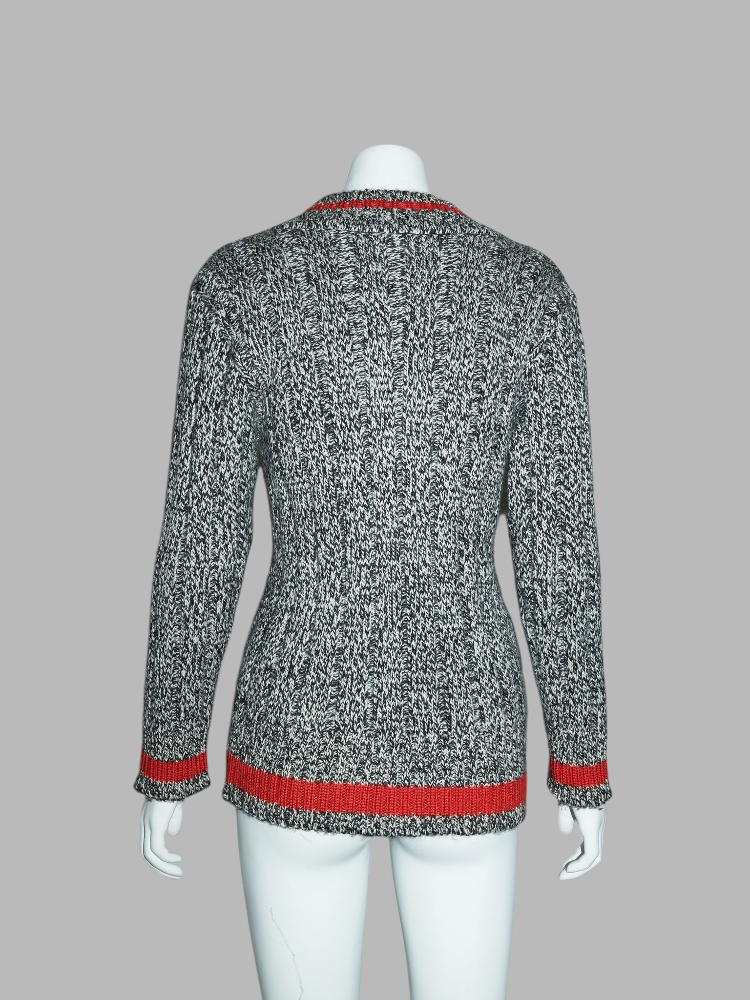 Y’s bis Yohji Yamamoto black white heathered wool rib red accent v-neck jumper