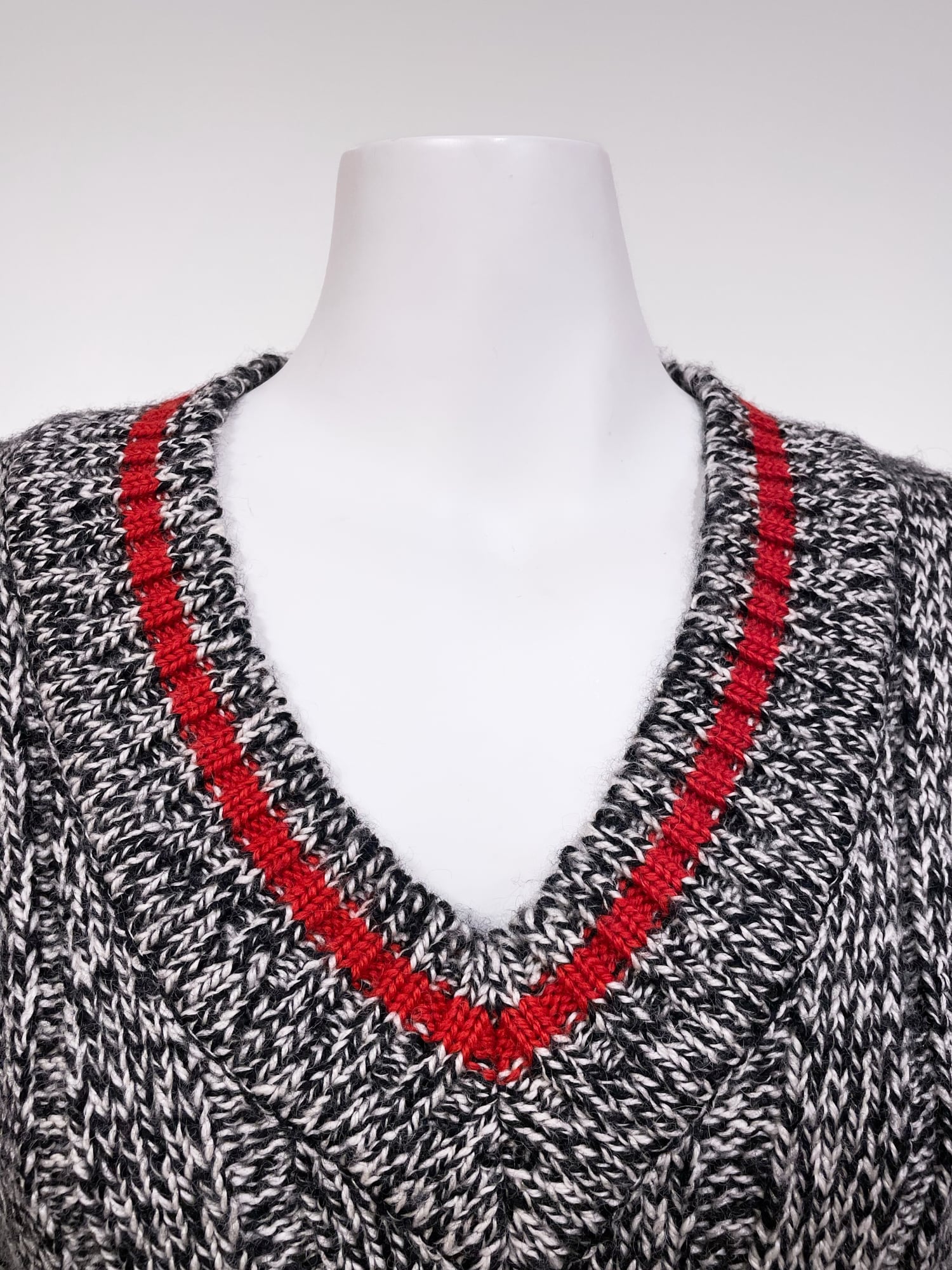 Y’s bis Yohji Yamamoto black white heathered wool rib red accent v-neck jumper