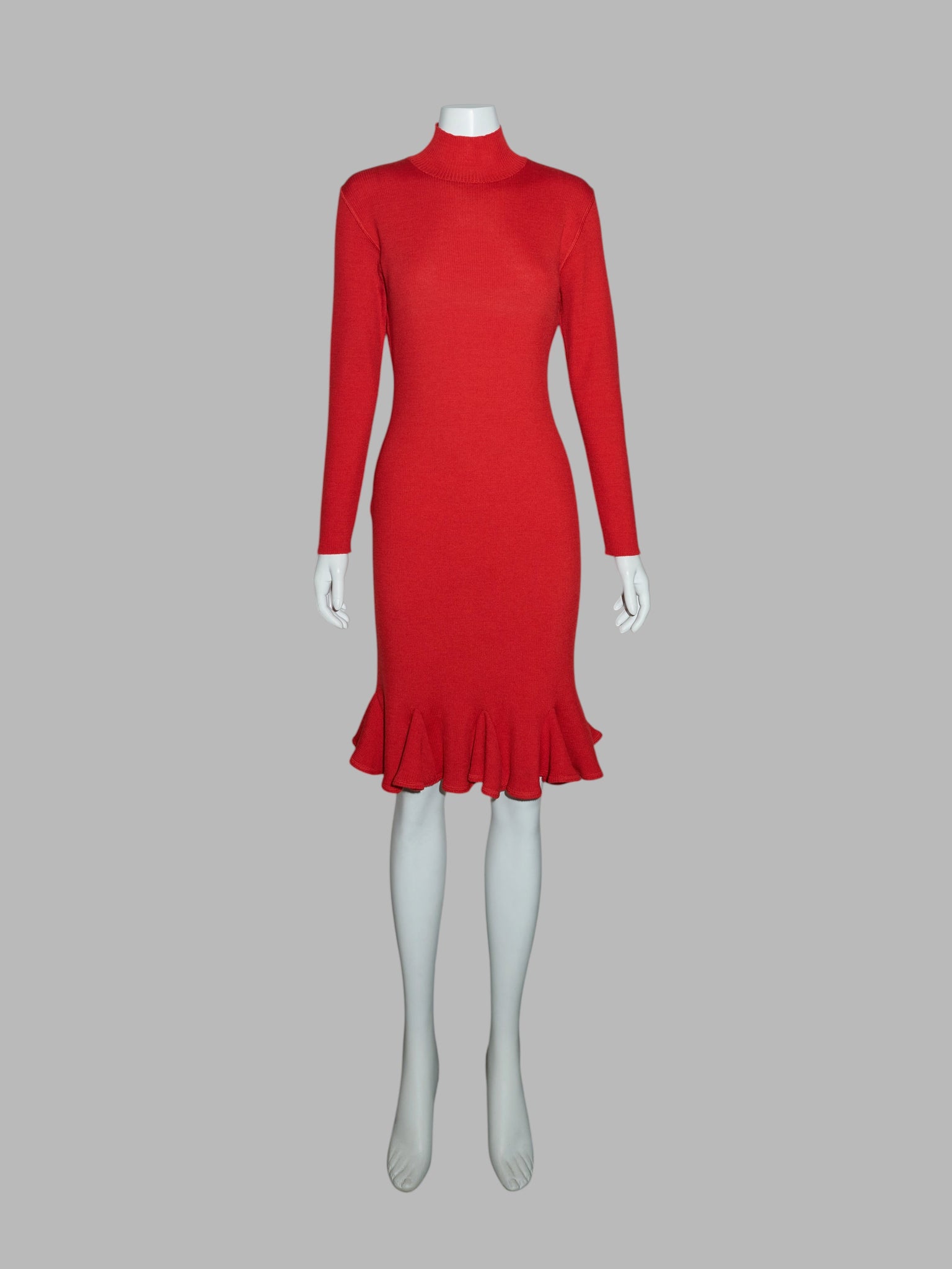 Dorothee Bis 1980s red wool rib knit hem ruffle bodycon dress – Filter ...