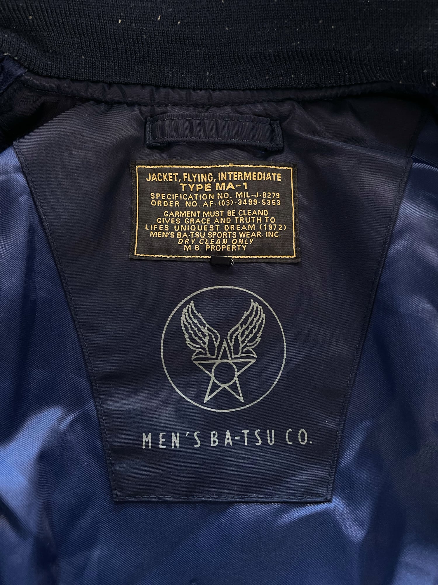 Men's Ba-tsu 1990s padded navy MA-1 bomber jacket with back pocket L ...
