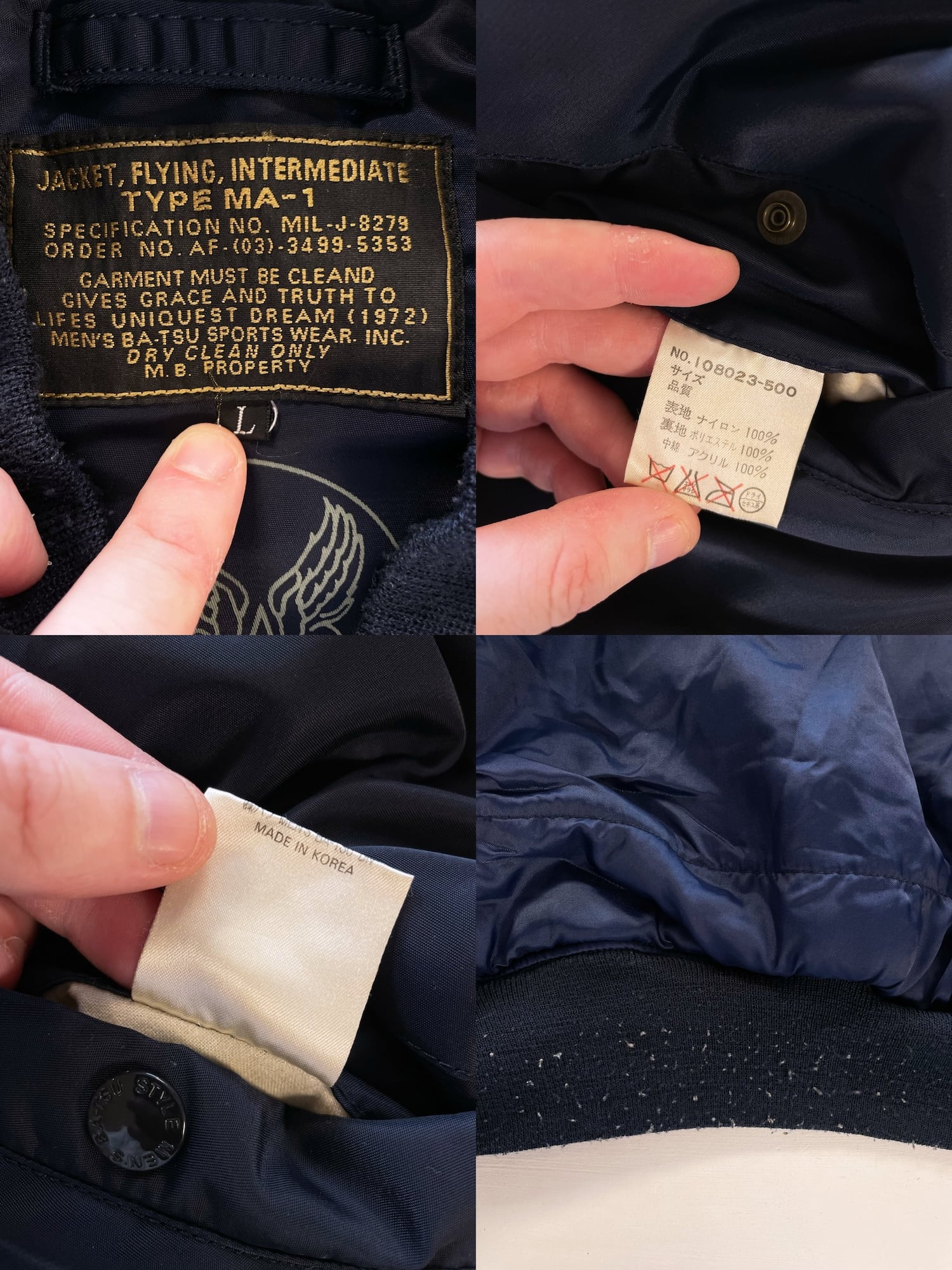 Men's Ba-tsu 1990s padded navy MA-1 bomber jacket with back pocket L ...