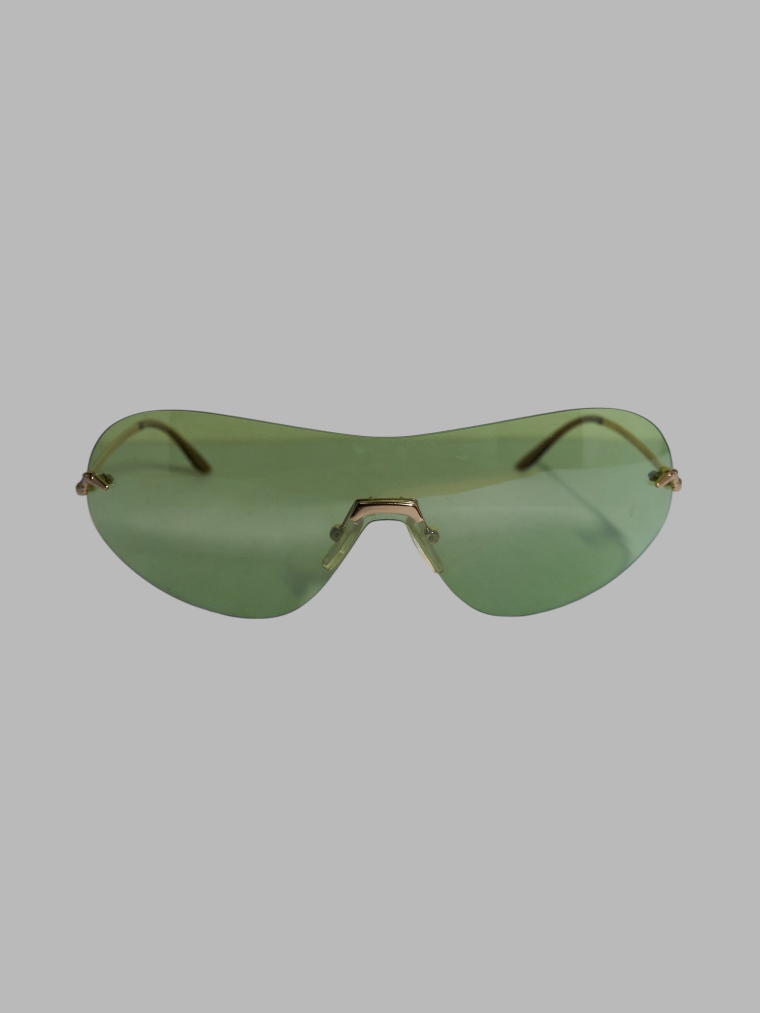 Trussardi early 2000s green rimless lens wraparound sunglasses