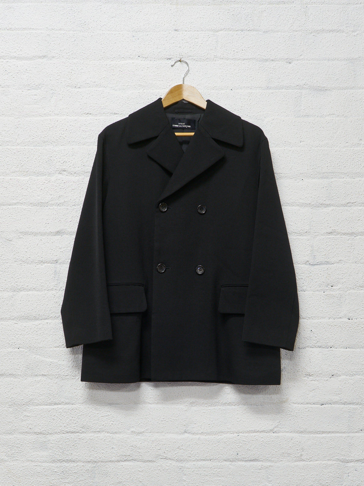 tricot comme des garcons black wool gabardine boxy double breasted pea coat - 1990s