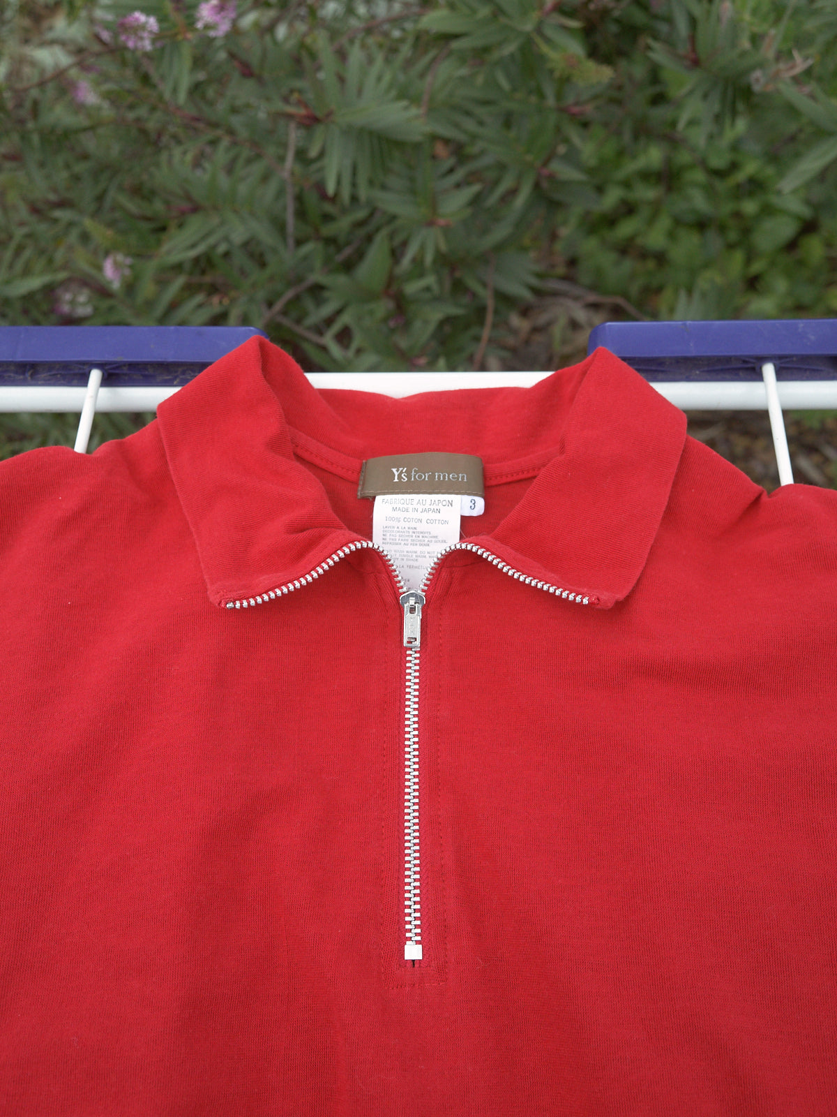 Y's for men SS2001 red cotton zipped high neck short sleeve top