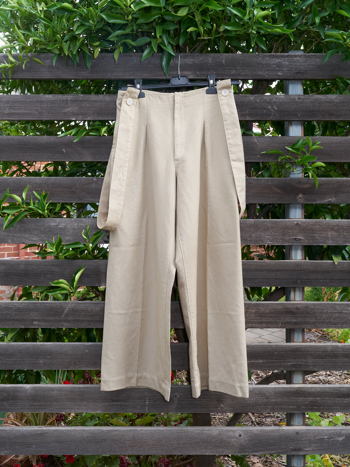 Y's Yohji Yamamoto beige wool wide leg suspender trousers - womens M