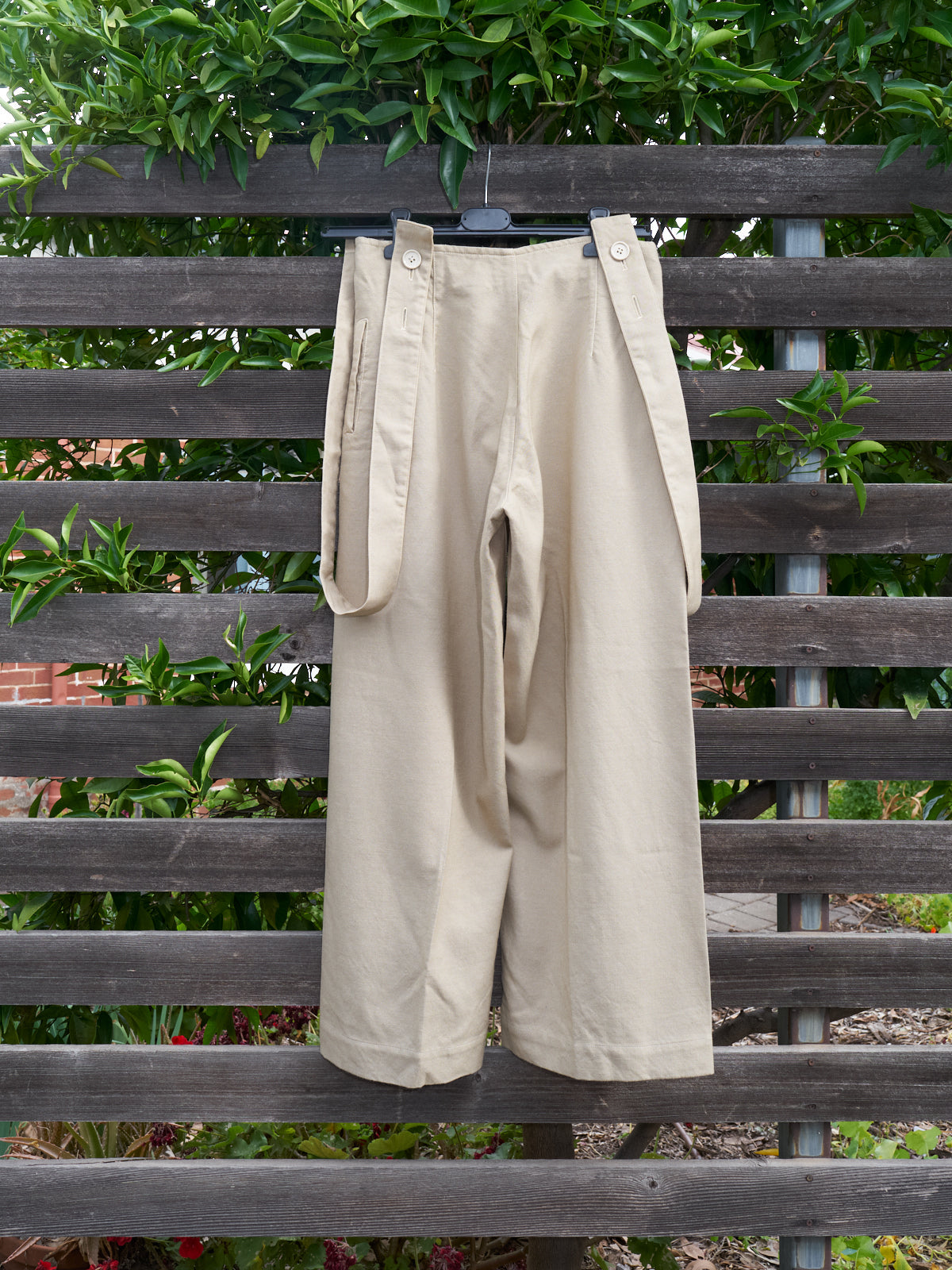 Y's Yohji Yamamoto beige wool wide leg suspender trousers - womens M