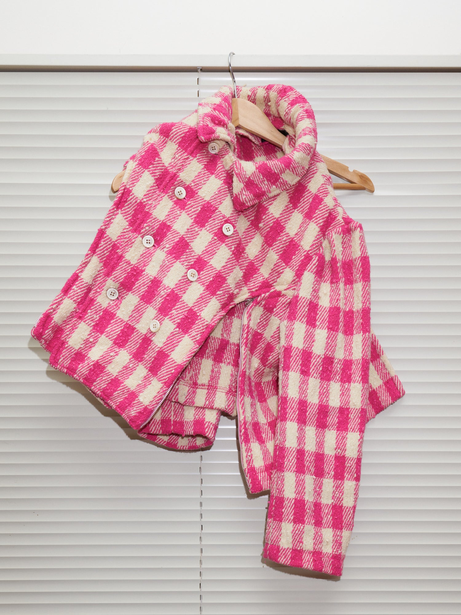 Comme des Garcons 1991 pink cream wool check zipped seam peacoat - womens S