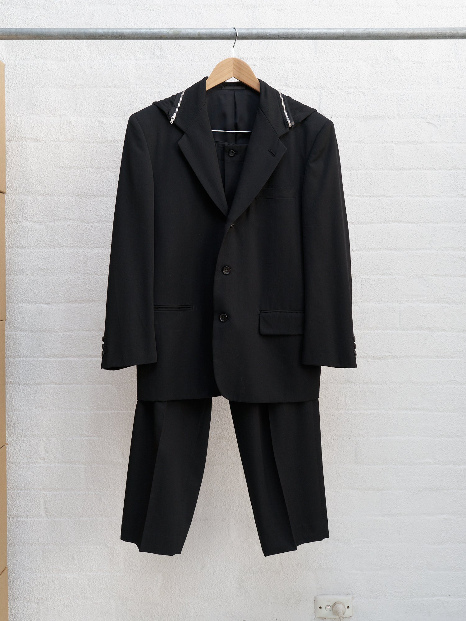 Comme des Garcons Homme 1991 black wool zipped hood three button suit - mens S
