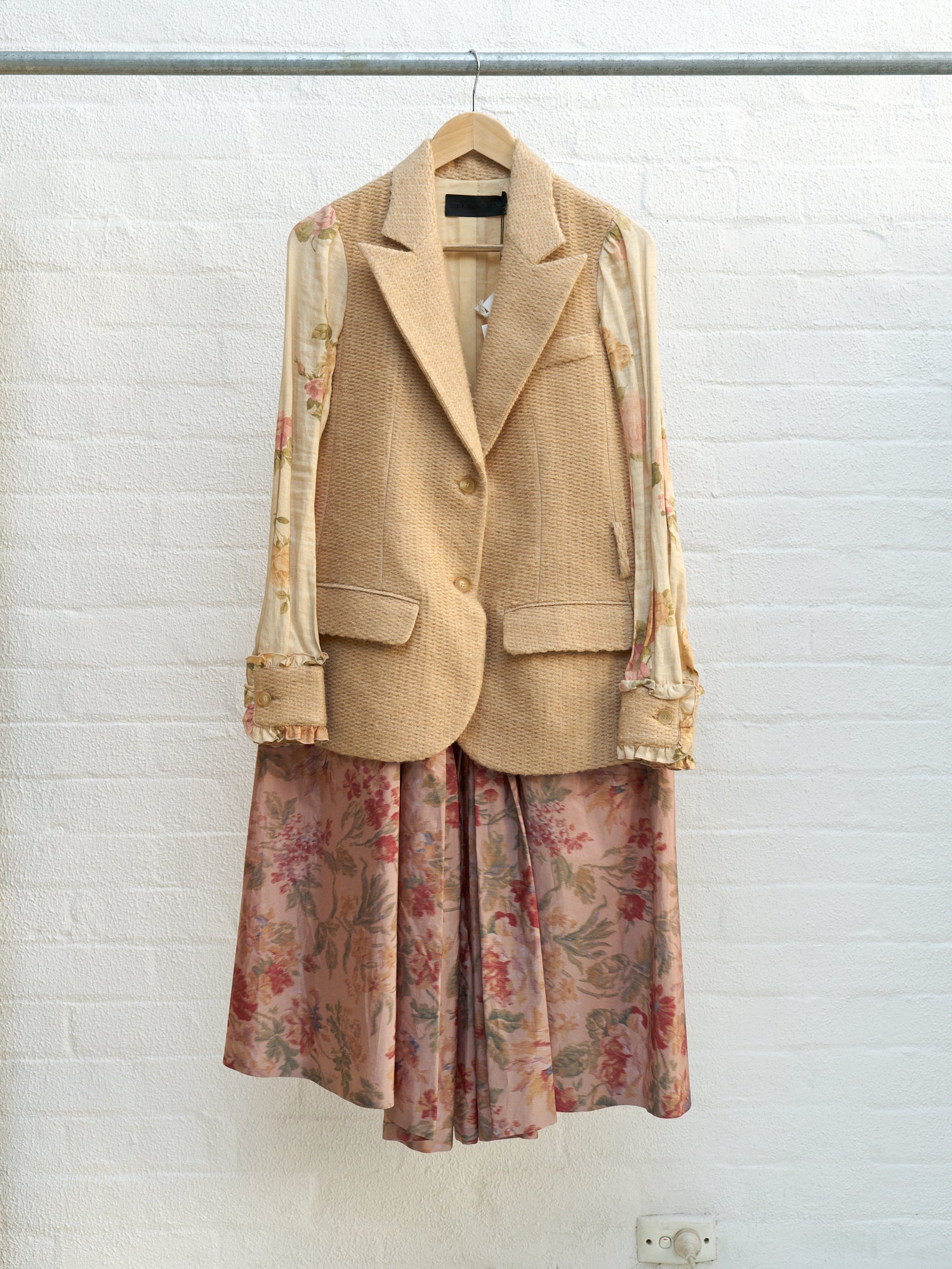 Dirk van saene AW2001 beige layered multi-floral pullover coat dress - size 38 S