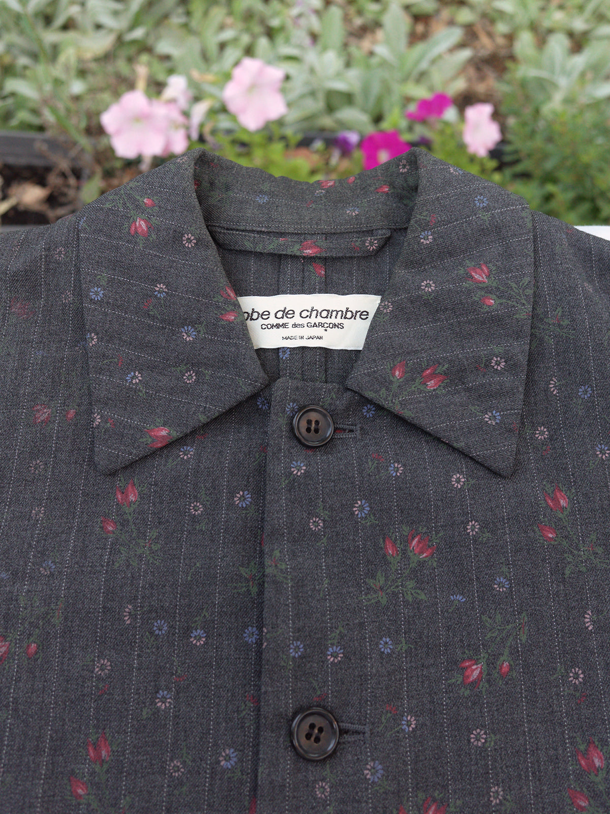 Robe de Chambre Comme des Garcons 1993 grey wool stripe floral print jacket  M S