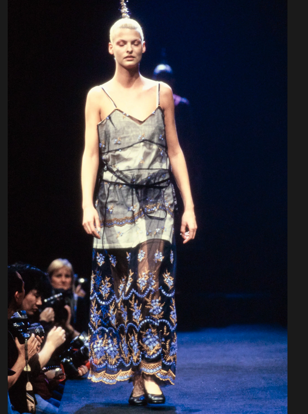 Comme des Garcons AW1995 layered embroidered mesh short sleeve dress sz M S