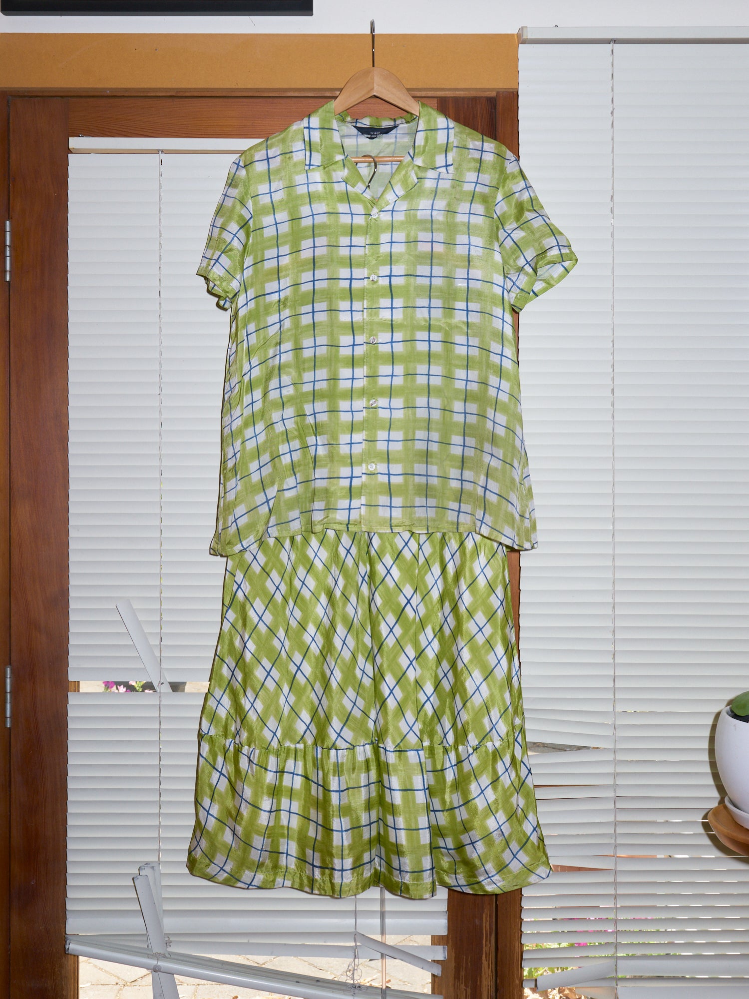Comme des Garcons 1993 green rayon check short sleeve shirt skirt set - womens M